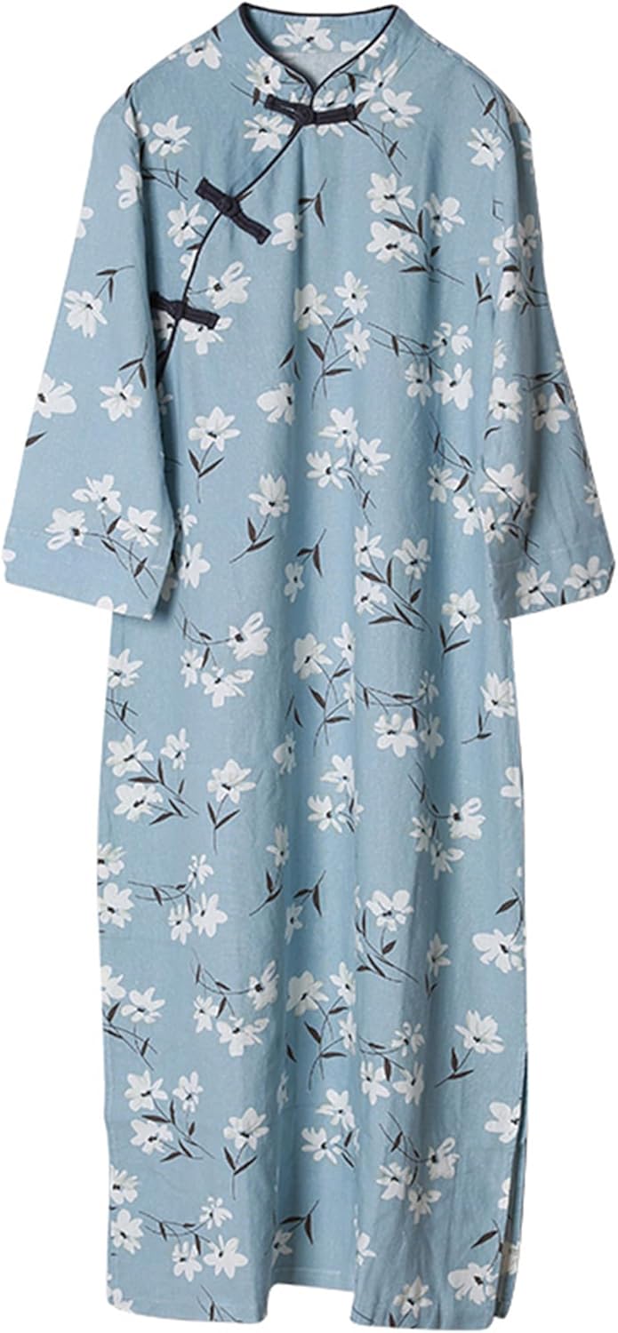 Women's Cotton Linen Cheongsam Dress with White Magnolia Flowers Vintage Chinese Qipao for Wedding,Party,Evening Wear - Image 4