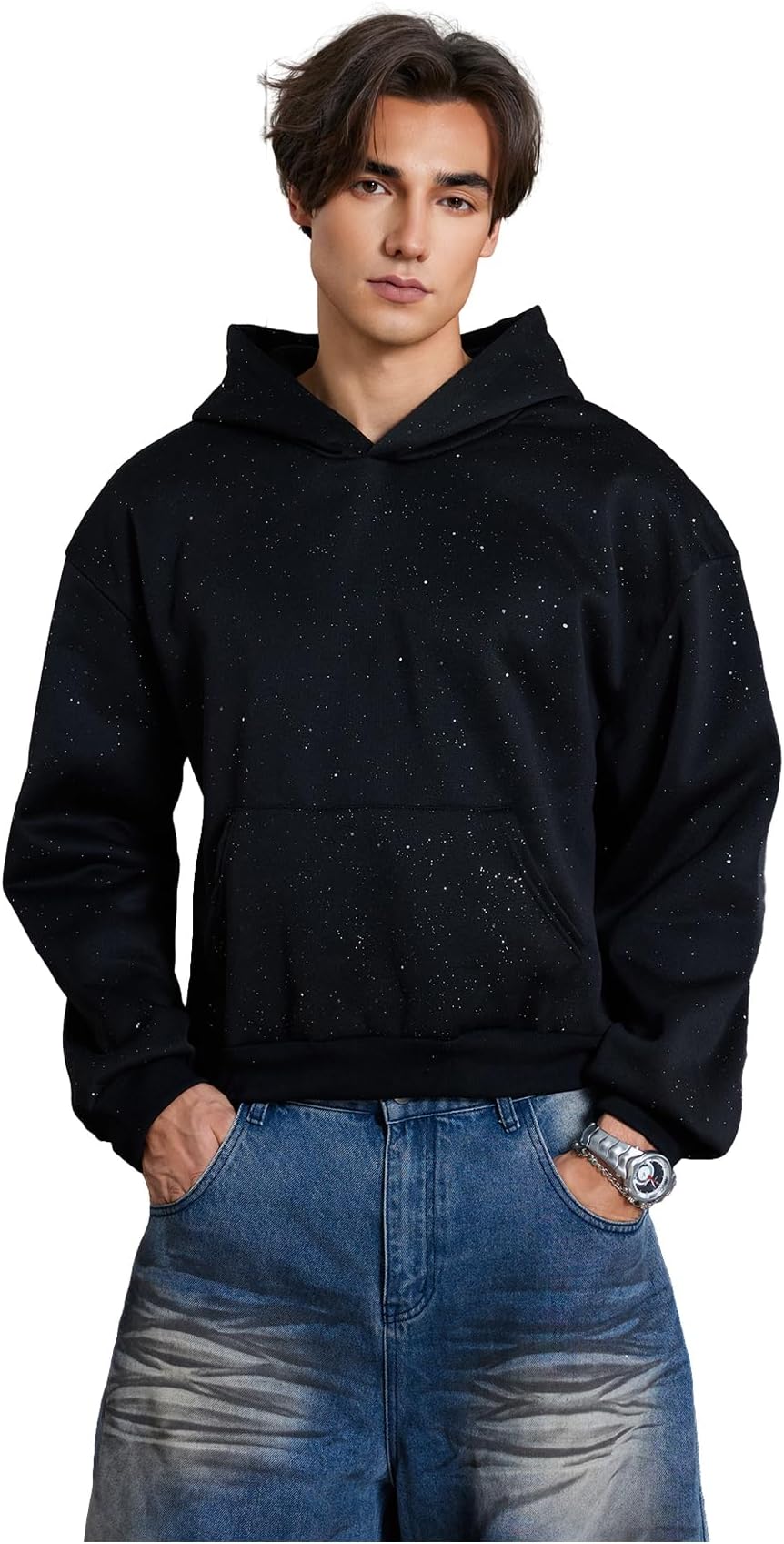 Men's Glitter Hoodies Long Sleeve Hooded Sparkly Pullover Sweatshirt Streetwear
