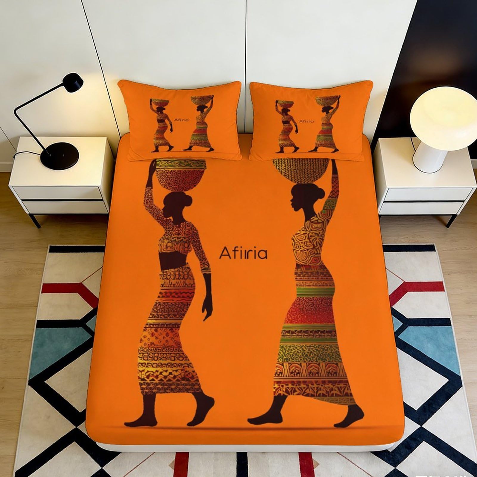 3D Printed African Tribal Art Fitted Sheet Microfiber Orange Bed Cover for Bedroom Guest Room Mattress Protection Decor 200x200x25cm
