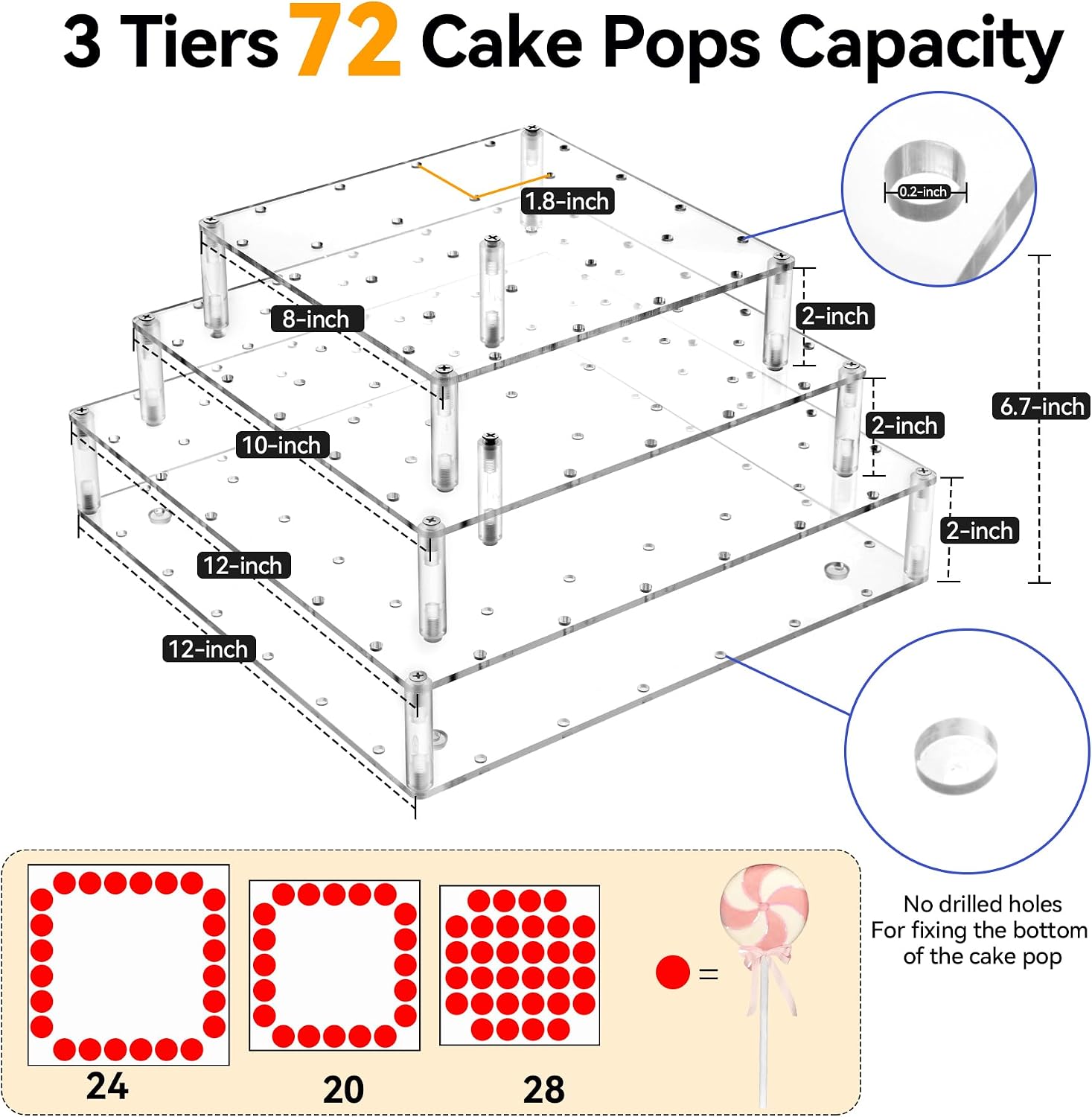 Cake Pop Stand, 72 Holes Lollipop Display Holder for Cake pops Sticks, Dessert Decorative Square Cake Pop Holder for Weddings, Baby Showers, Birthday Parties, Anniversaries, Valentine's Day, Christmas