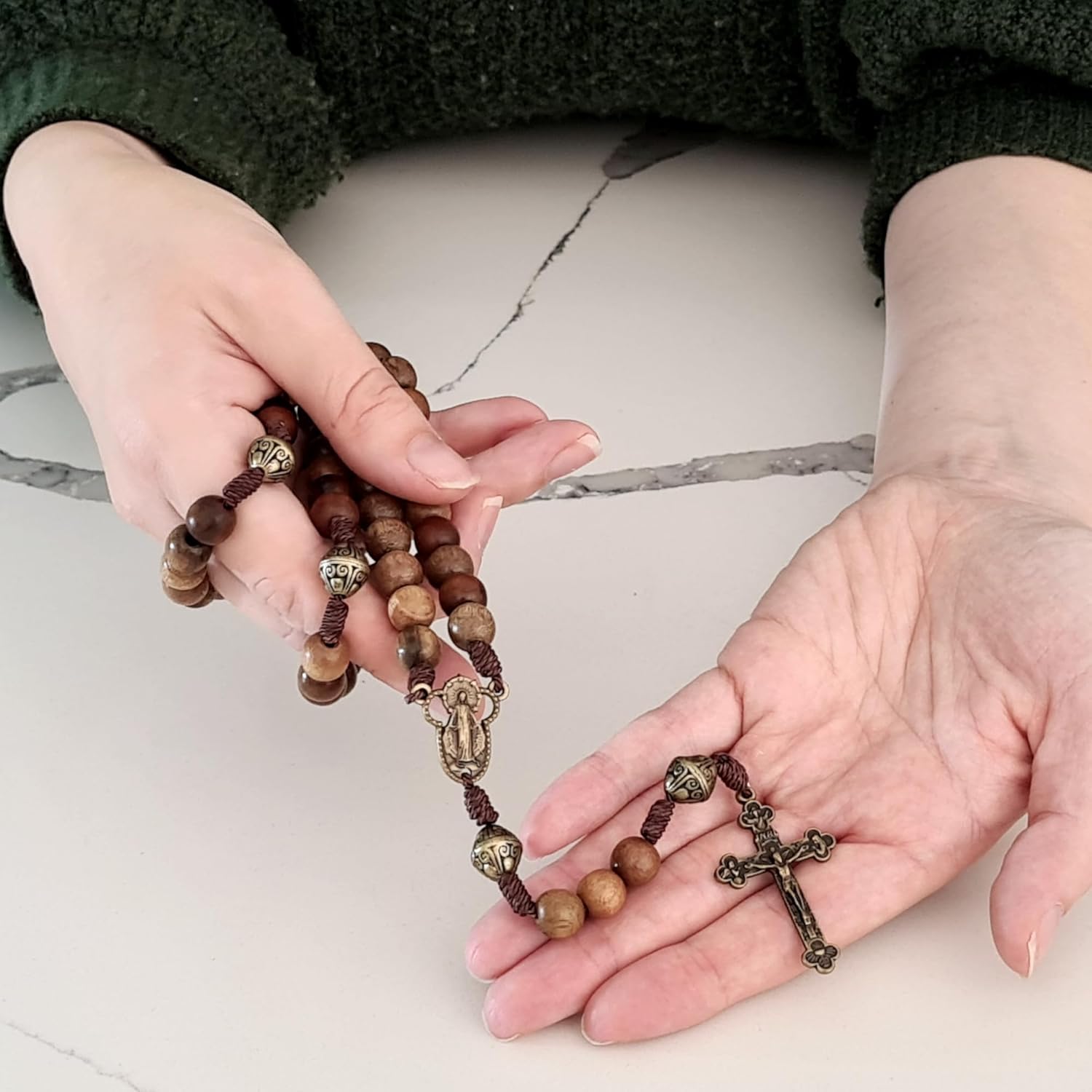 Alexander Castle Our Father Solid Wooden Rosary Beads (Handmade - Brazilian Walnut) with Miraculous Medal Junction - Comes in Velour Gift Pouch - Image 2