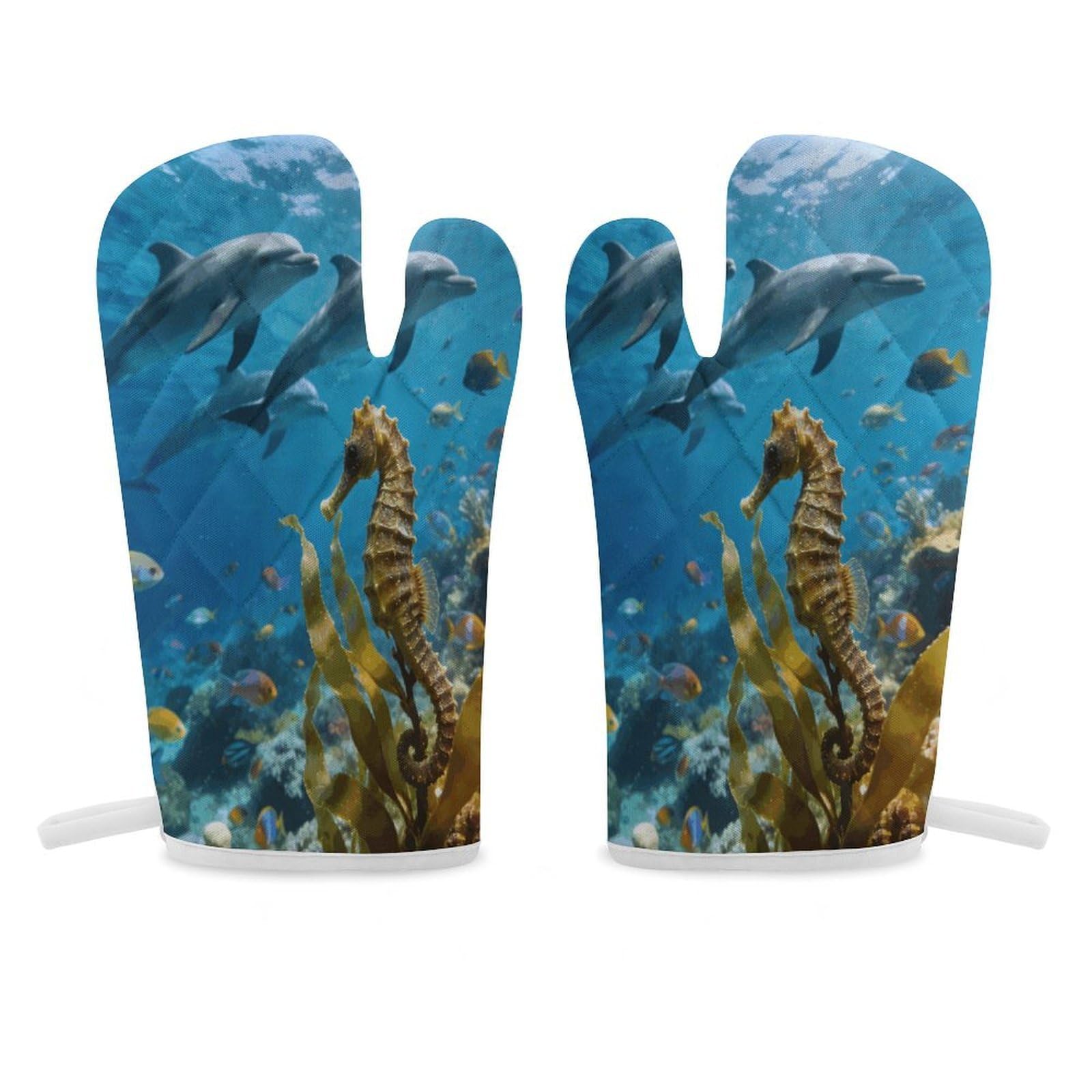Dolphins Fishes Sea Horse Oven Mitt Heat Resistant Potholder Set,Durable Oven Gloves for Gifts,Glove Pot Holder for Cooking Baking Grilling BBQ