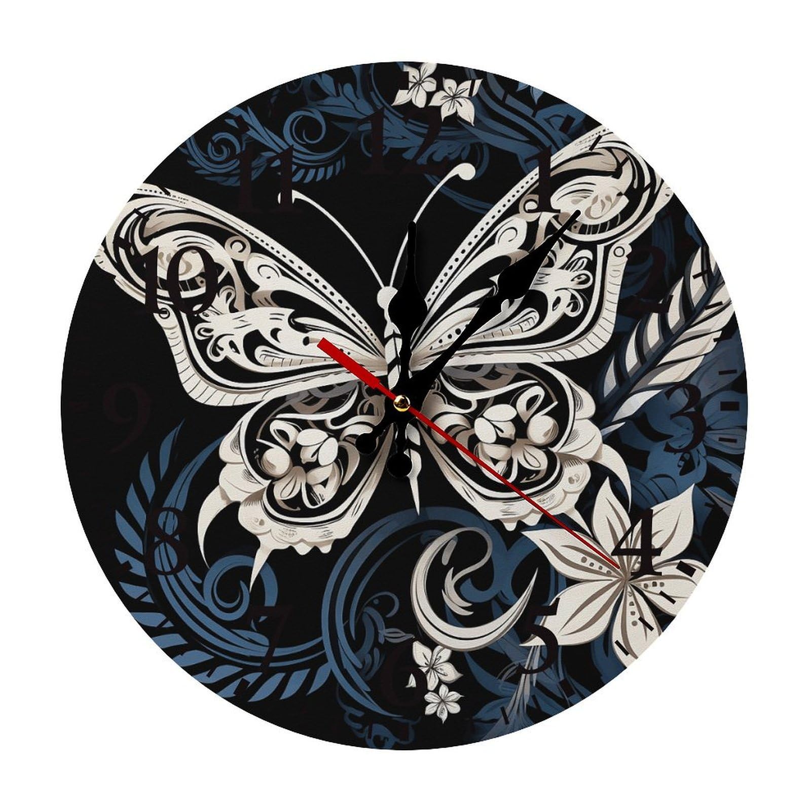NTVOWPZO 10 Inch Wall Clock White Butterflies and Tribal Battery Operated Wall Clocks Silent Non-Ticking Round Wall Clock for Living Room Kitchen Home Office Wall Decorative Clock