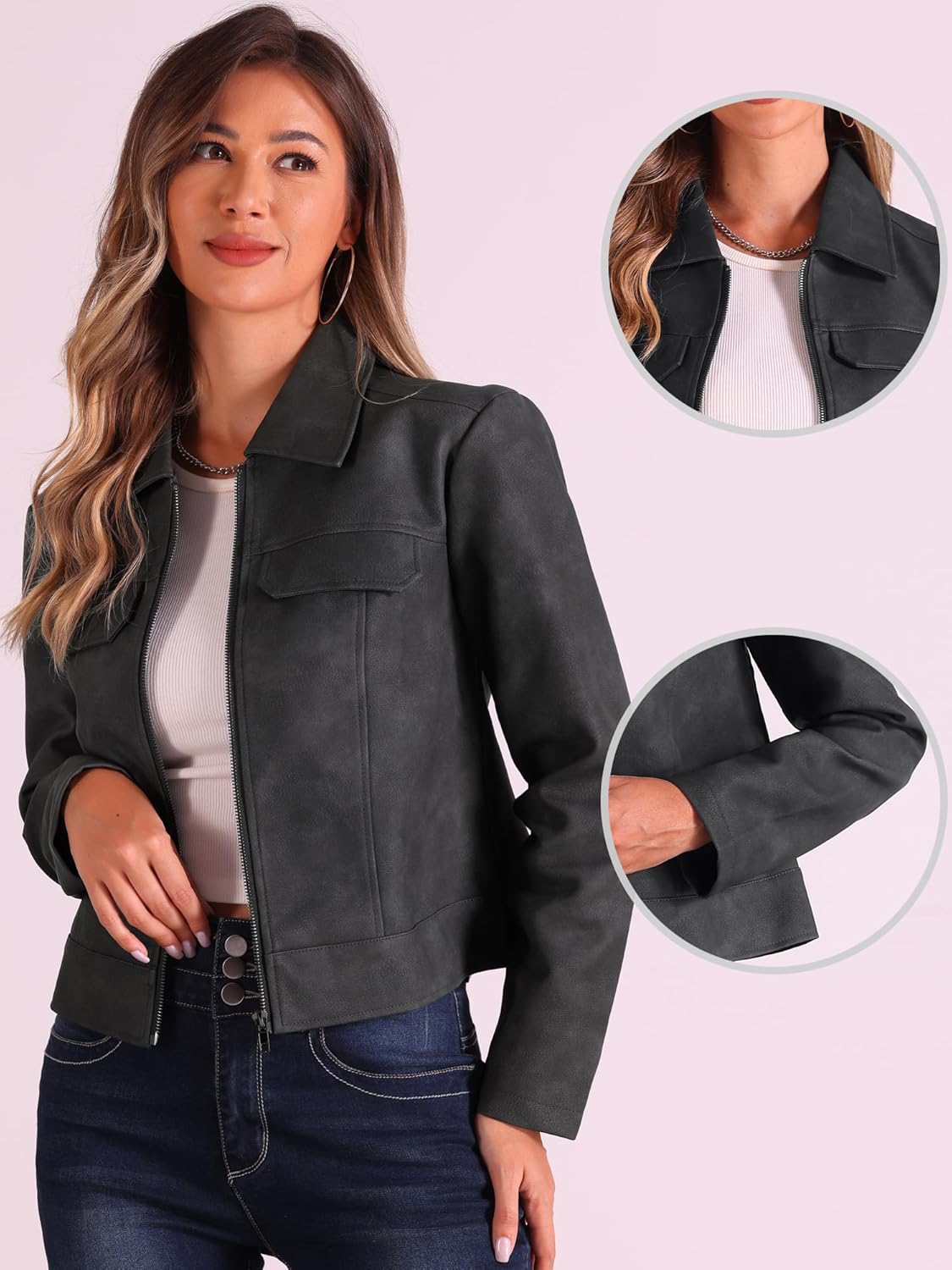 Allegra K Faux Leather Jackets for Women's Zip Up Vintage Distressed 2024 Fall Short PU Moto Biker Jacket - Image 2