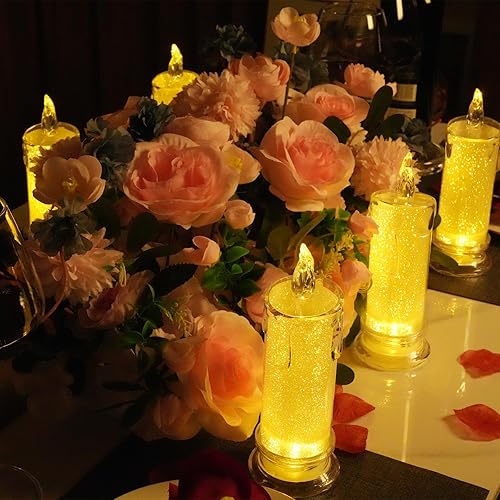 Miniatura 7 de E - 6 velas LED sin llama, funcionan con pilas, velas falsas de pilar, velas artificiales para decoración para decoración de mesa de San Valentín,