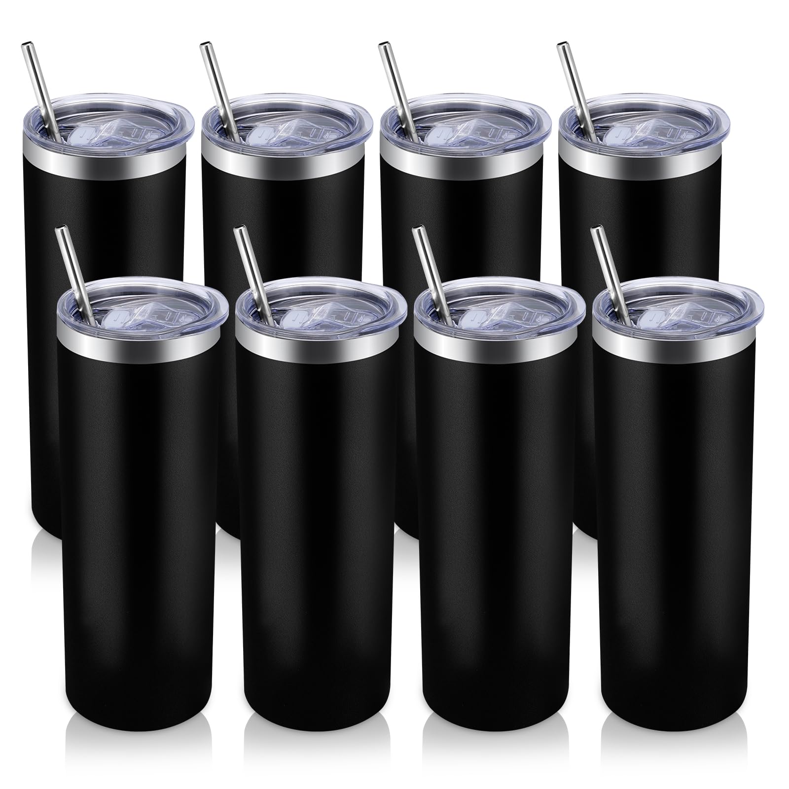 Volhoply 8 Pack schlanke Thermobecher mit Deckel und Strohhalm, 600 ml gerader Edelstahlbecher im Großhandel, vakuumisoliierter Kaffeebecher für Zuhause, Büro (Schwarz,8 Pack)