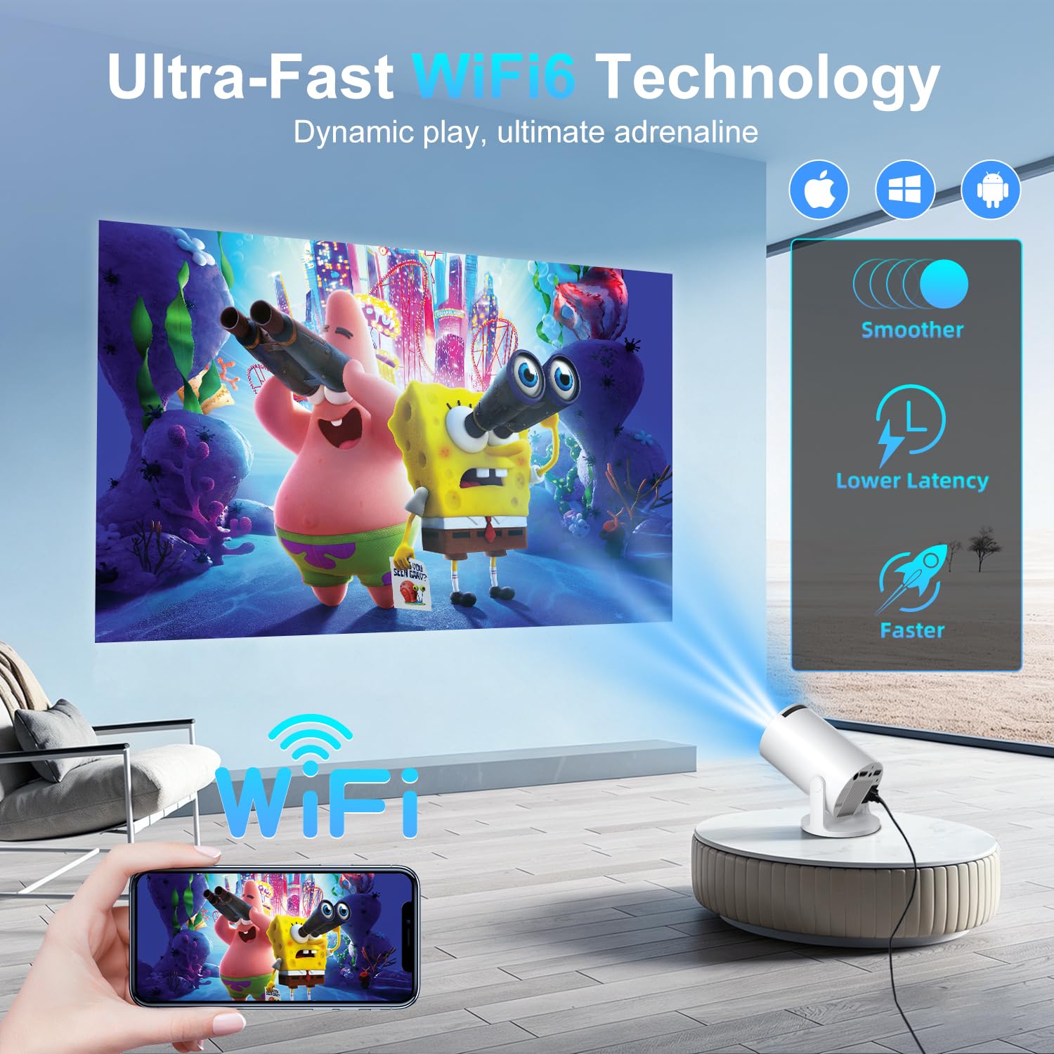 Salange Mini Proyector 4K, Proyector Portátil Inteligente Android 14 WiFi 6 Bluetooth 5.4, Corrección Trapezoidal Automática, 8000L, Rotación 270°, Interior y Exterior, Blanco
