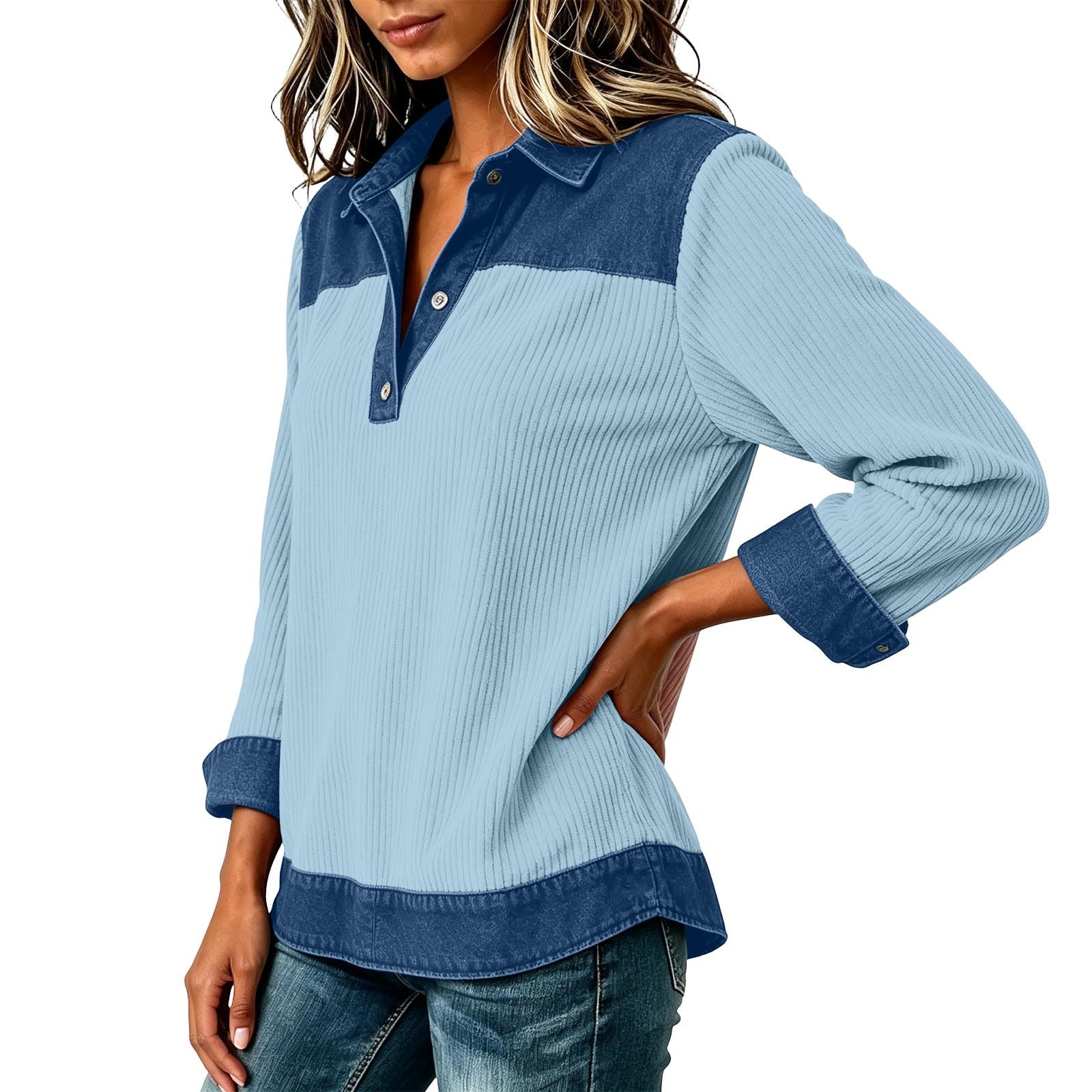 Cord Pullover Damen Chic Sweatshirt Lässige Langarmshirt Knopfleiste