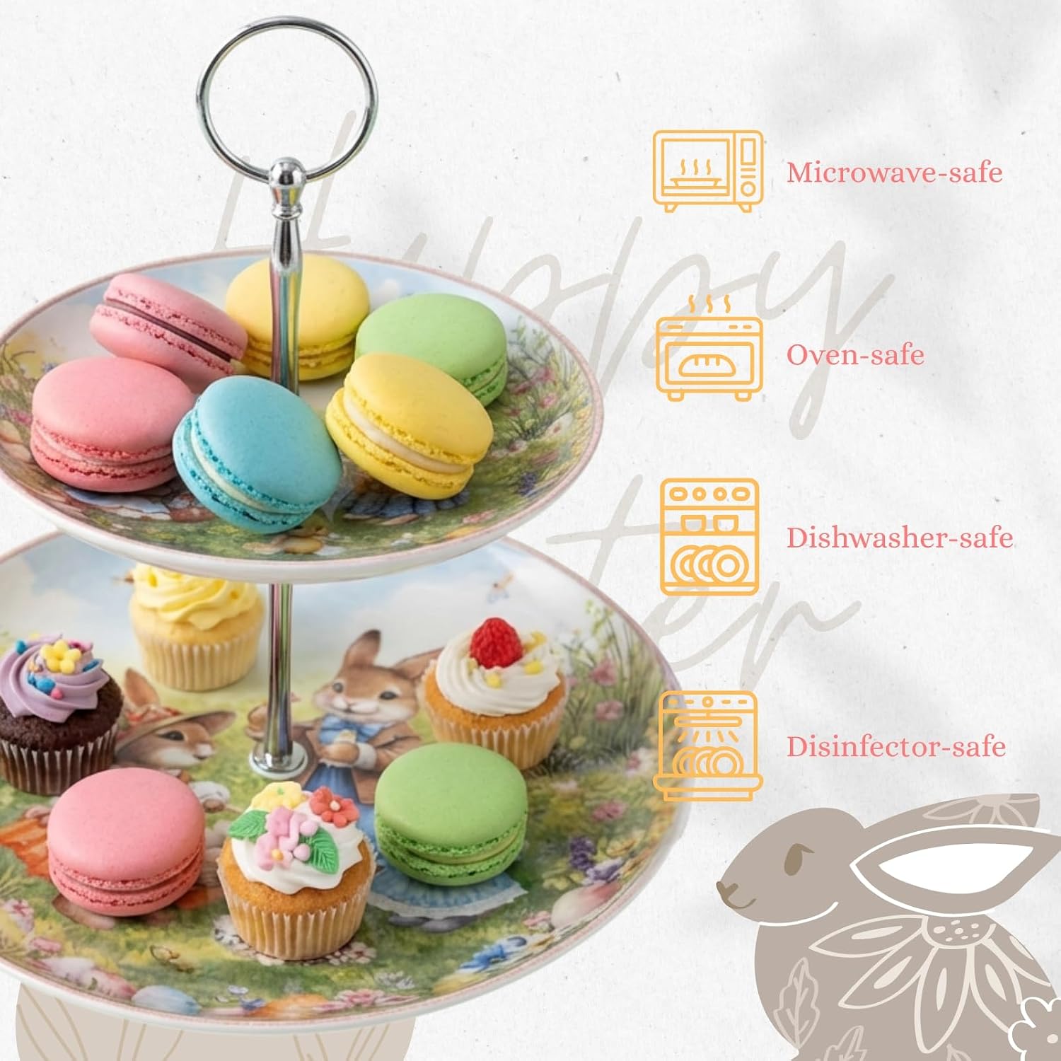 Easter Bunny 2-Tier Serving Stand, Ceramic Dessert & Cupcake Display with Metal Handle, 9” & 6” Plates, Dishwasher Safe Porcelain Server for Appetizers, Cookies, Spring Table Déco