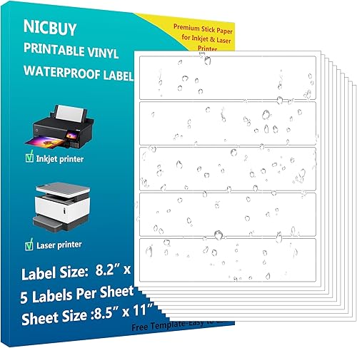 100 etiquetas para botellas de agua de 8.2 x 2 pulgadas, imprimibles de color blanco brillante, impermeables, etiquetas adhesivas de vinilo para