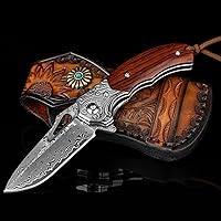 Vista 3 de Cuchillo de bolsillo de damasco NedFoss para hombres, cuchillo plegable de damasco de acero VG10 forjado a mano de 2.75" con funda de cuero retro