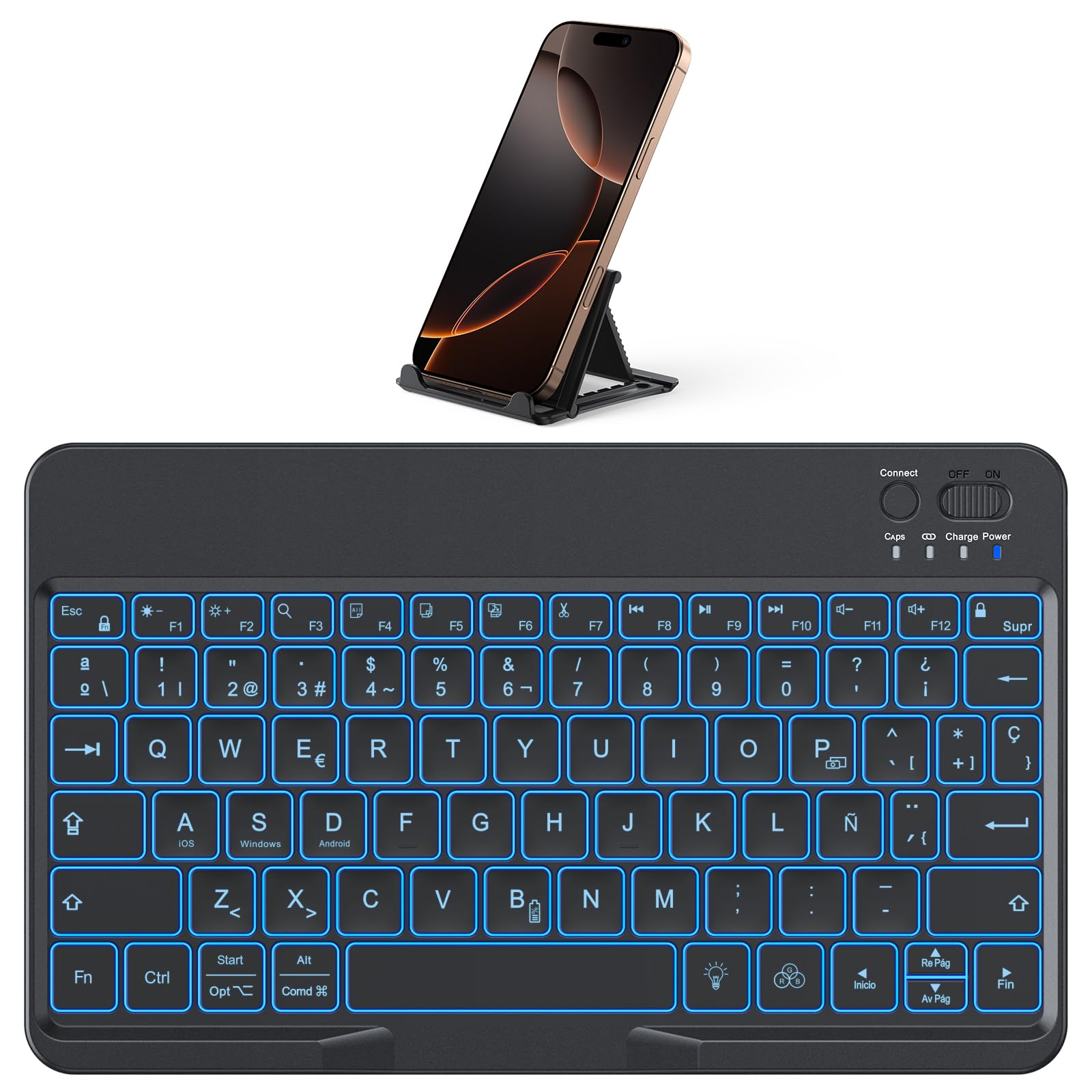 OMOTON Tastiera Bluetooth per iPad/tablet con supporto per telefono | Tastiera per iPad con retroilluminazione, ricaricabile, QWERTY, tasti ingrandite, wireless, portatile, ultra sottile