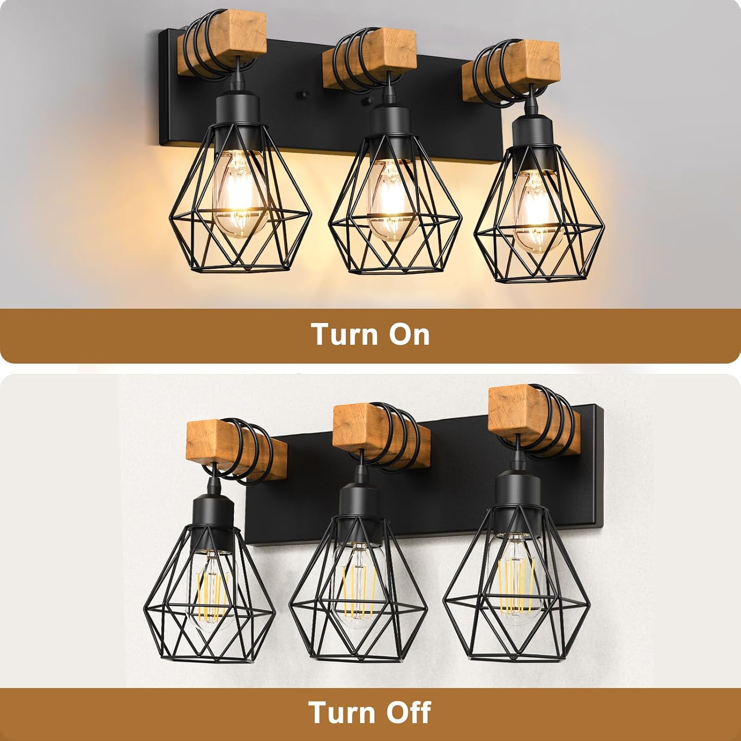 IZORRO 3-Light Farmhouse Vanity Light for Bathroom, Wood Bathroom Light Fixtures Over Mirror, Industrial Black Vanity Light with Metal Lampshade