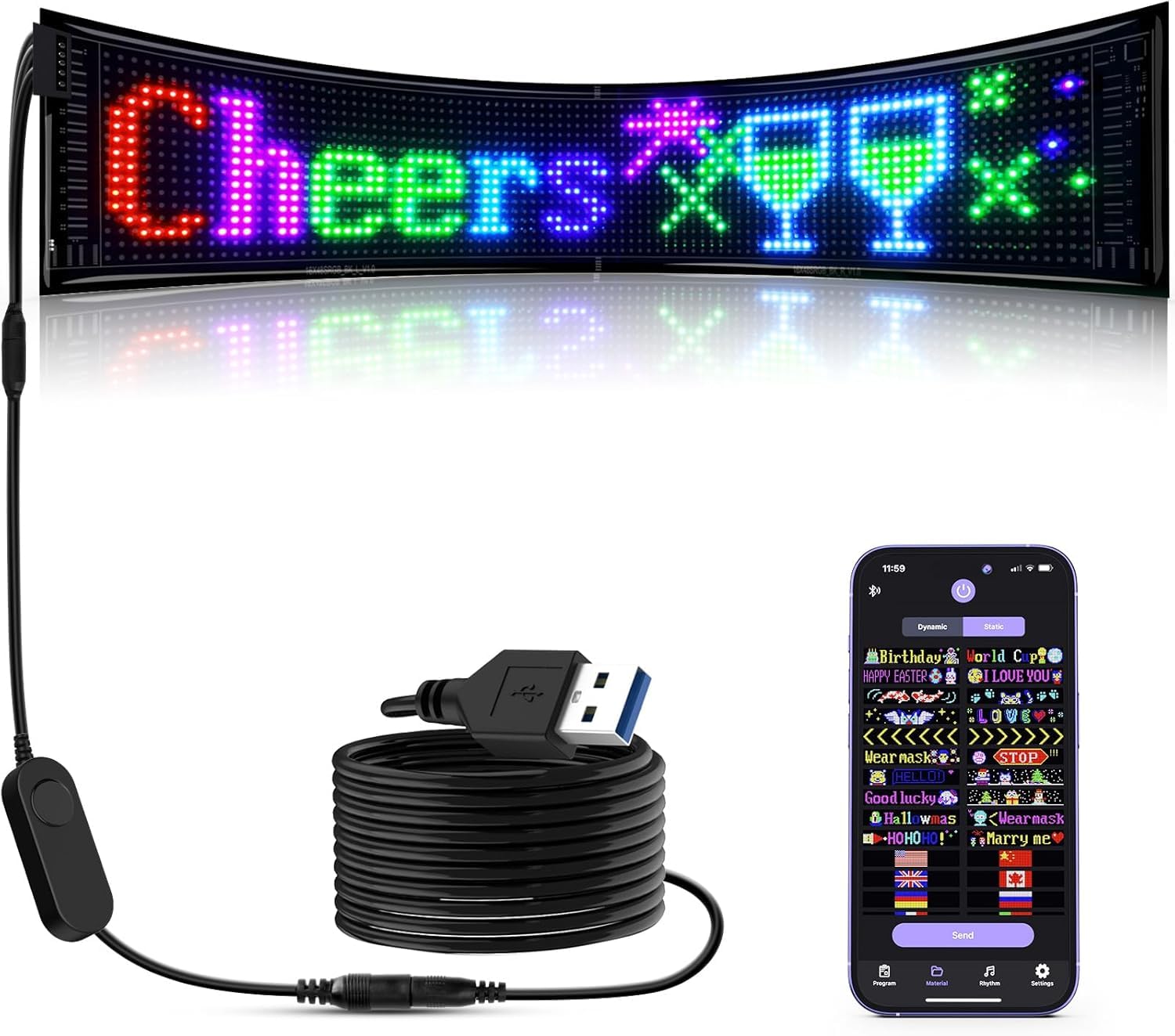 Letrero LED Programable | Panel de visualización Led flexible de 68 x 12 cm con control por APP | Letrero LED personalizado de 5V USB para negocio, publicidad, fiesta, bar