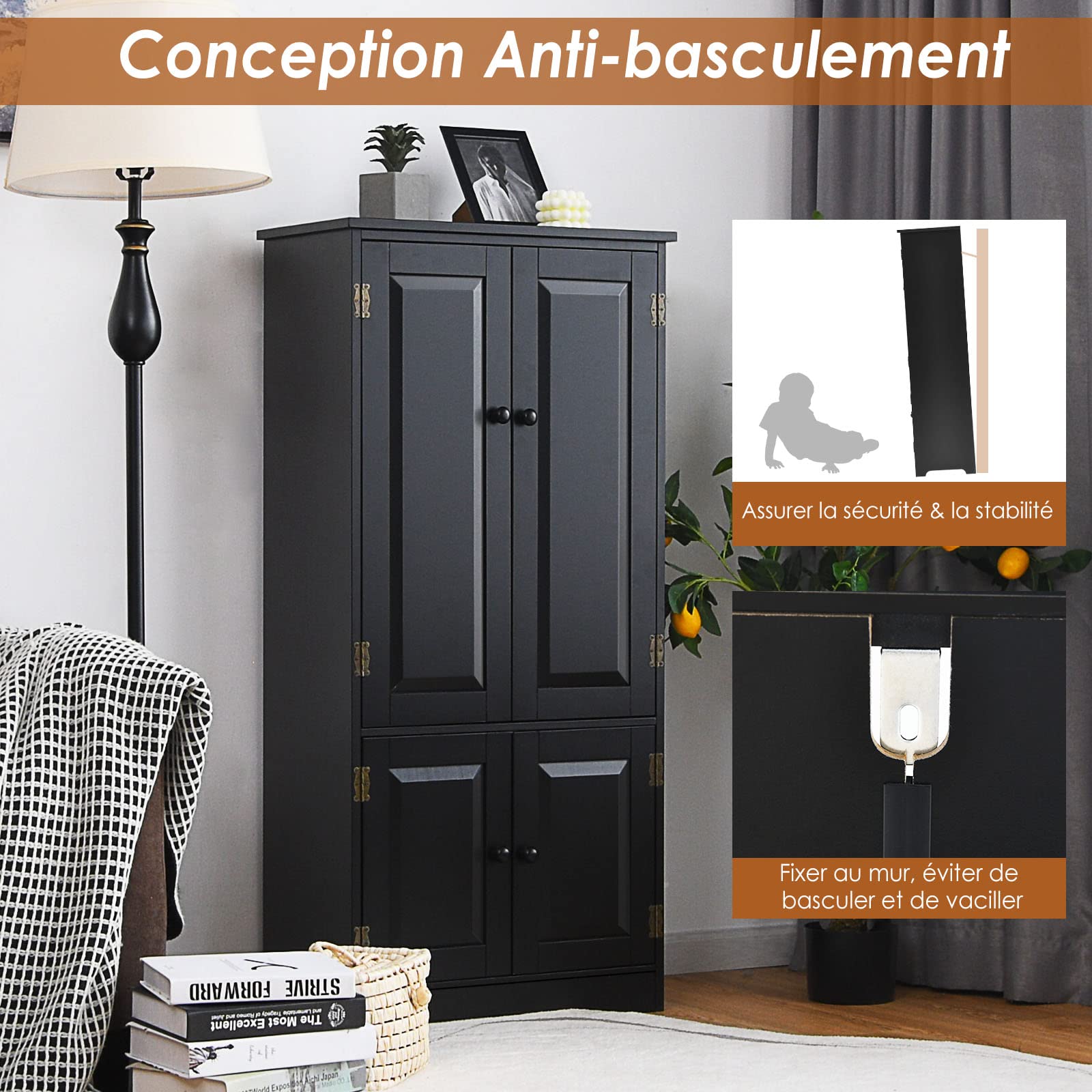 COSTWAY Armoire de Rangement Vintage en MDF avec 2 Étagères Réglables sur 5 Positions et Dispositif Anti-Dumping, 58,5 x 31,5 x 123 cm, pour Salon, Chambre, Bureau (Noir)