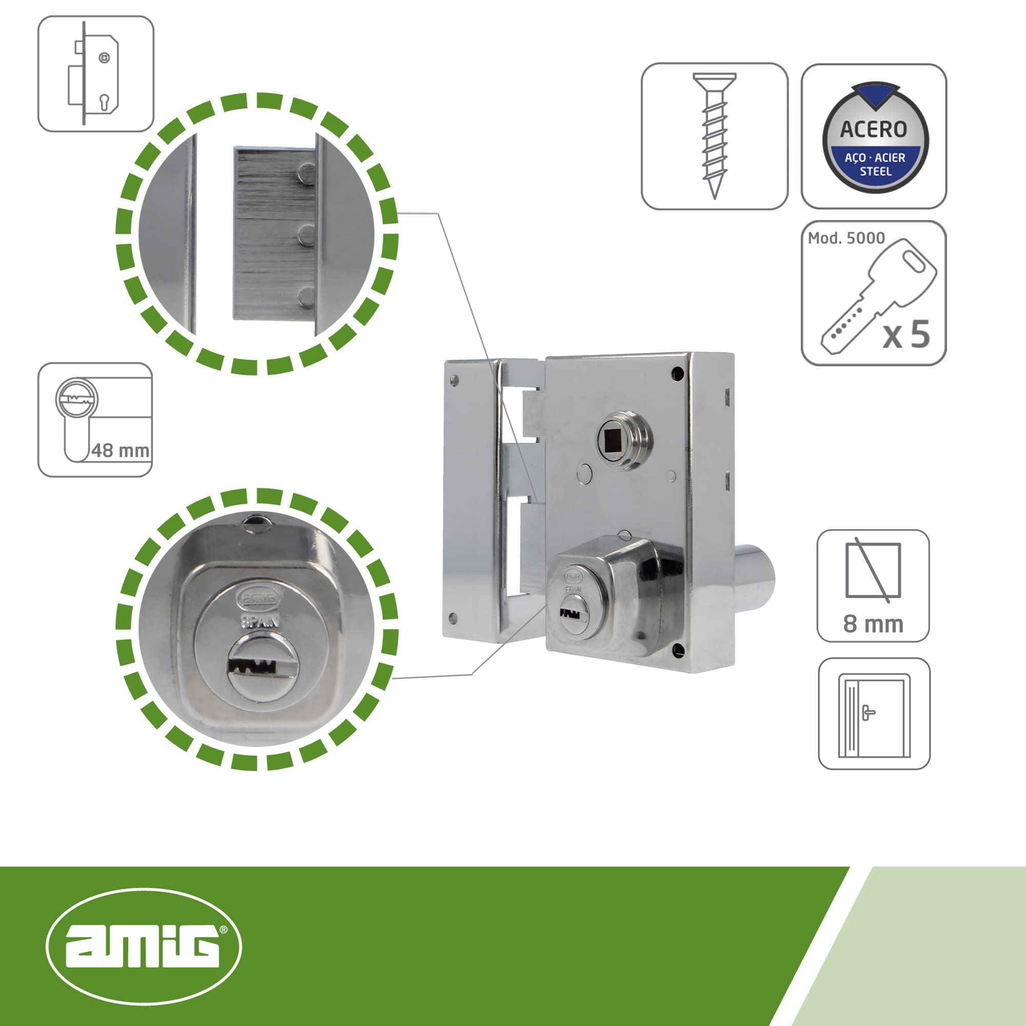 Amig - Serratura a Sovrapposizione Sinistra con Leva di Chiusura, Linguetta e Quadretto per Porte in Legno Mod. 75N - 72 x 112 mm - Cilindro rotondo di sicurezza - Acciaio argentato