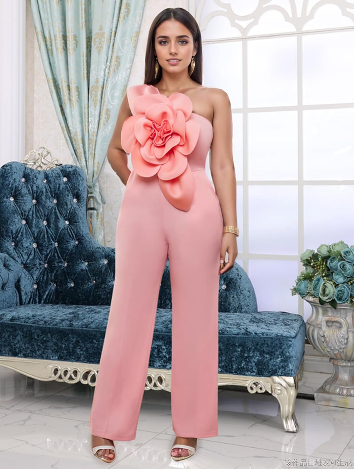 ONTINVA Pink Jumpsuits for Women One Shoulder Jumpers Summer Rompers Sleeveless Loose Palazzo Wide Leg Overalls