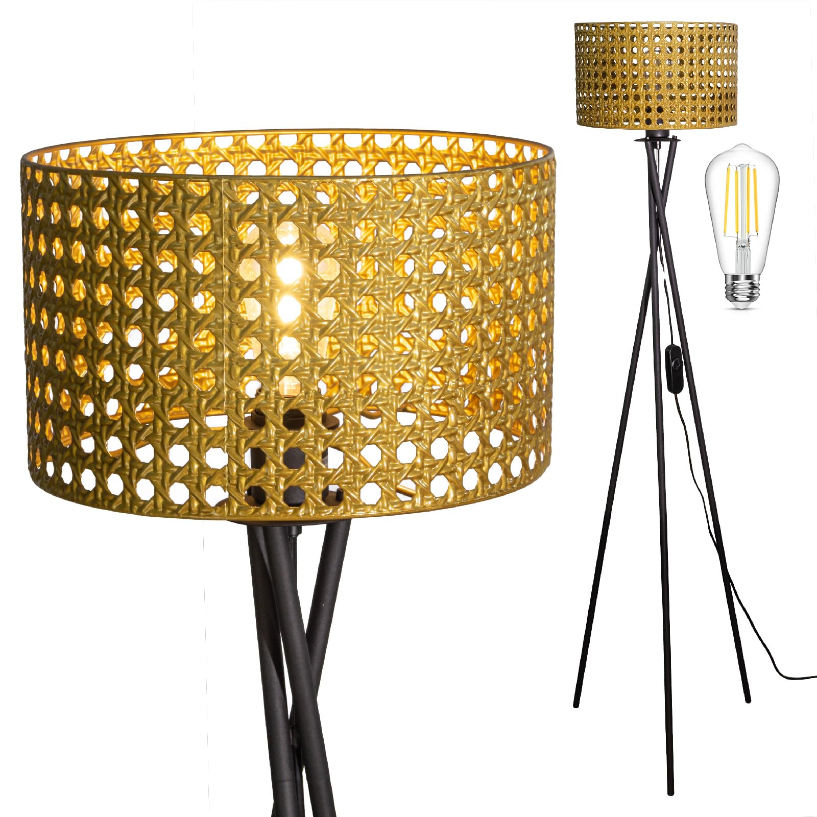 Osasy Modern Tripod Floor Lamp with Interchangeable Shades, Dimmable Standing Light, Black Metal Base