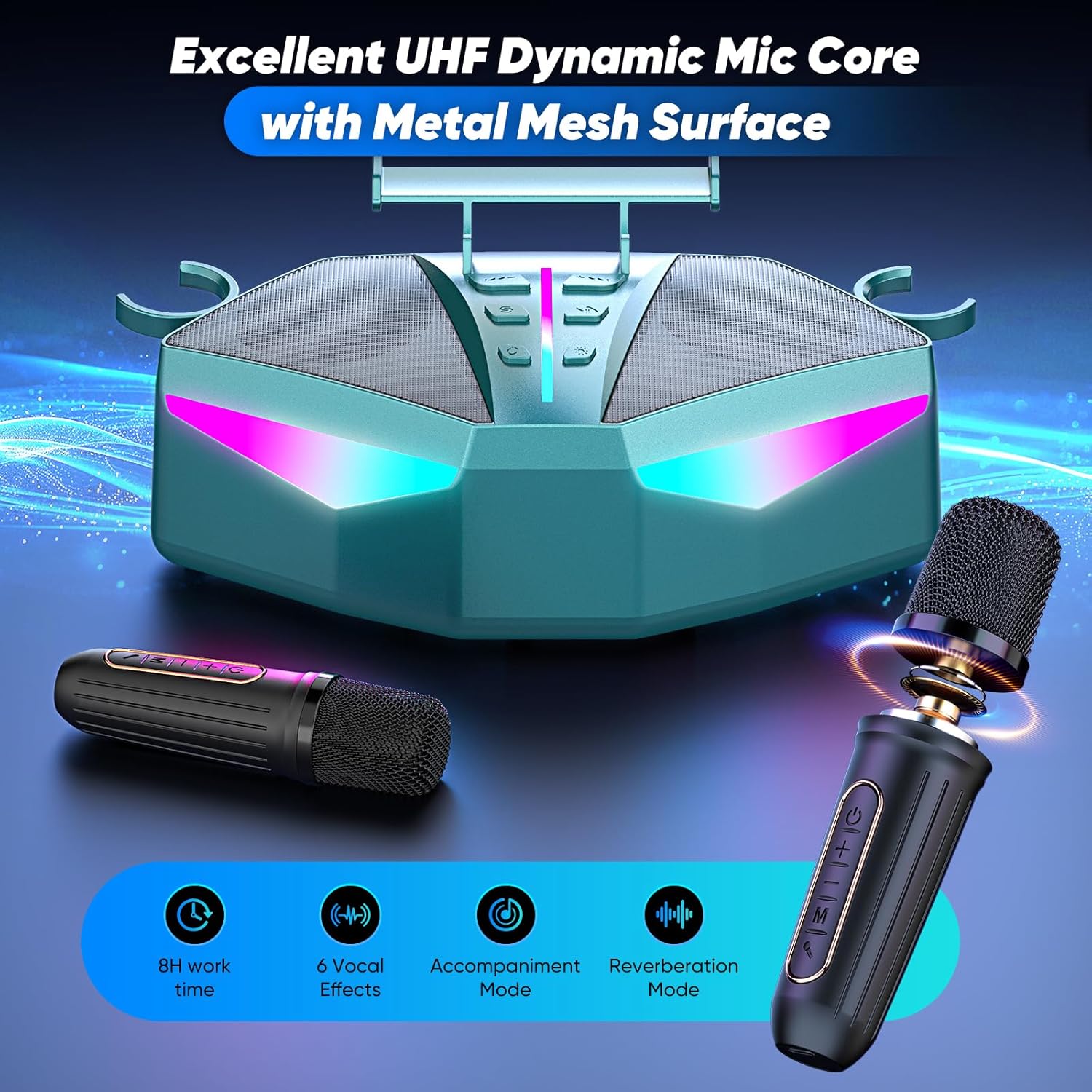 Karaoke Machine, Real 35W Portable Speaker,8H Long Time, 2 Rechargeable Wireless Microphones,LED,Karaoke Machine for Adults & Kids,BT/FM/USB/TF/AUX,for Home Party/Outdoors(CHJ161-Teal)