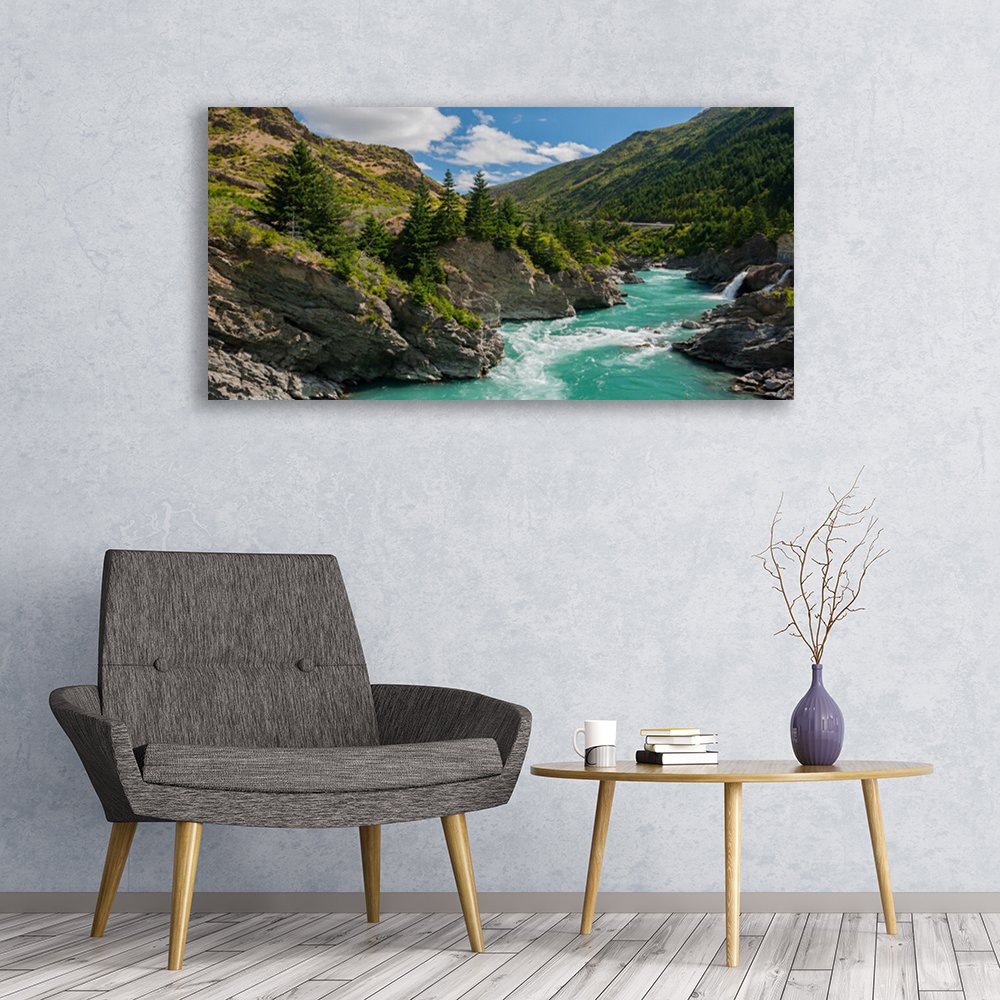 Tableau Paysage Rivière Montagnes Sur Verre Acrylique 125x50 Cm - Style Moderne