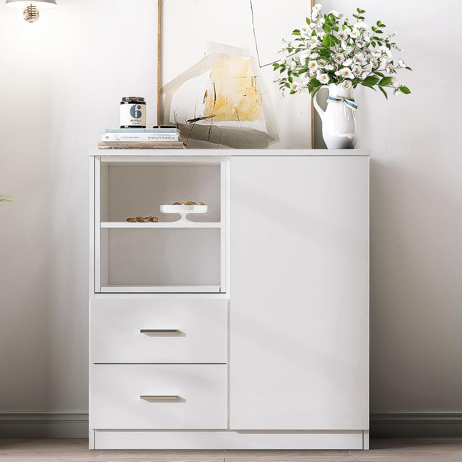 SogesGame Floor Storage Cabinet, Wooden Storage Organizer with 1 Door and 2 Drawers, Modern Bathroom Cabinet Free-Standing Cupboard for Kitchen Living Room Bathroom Use, White