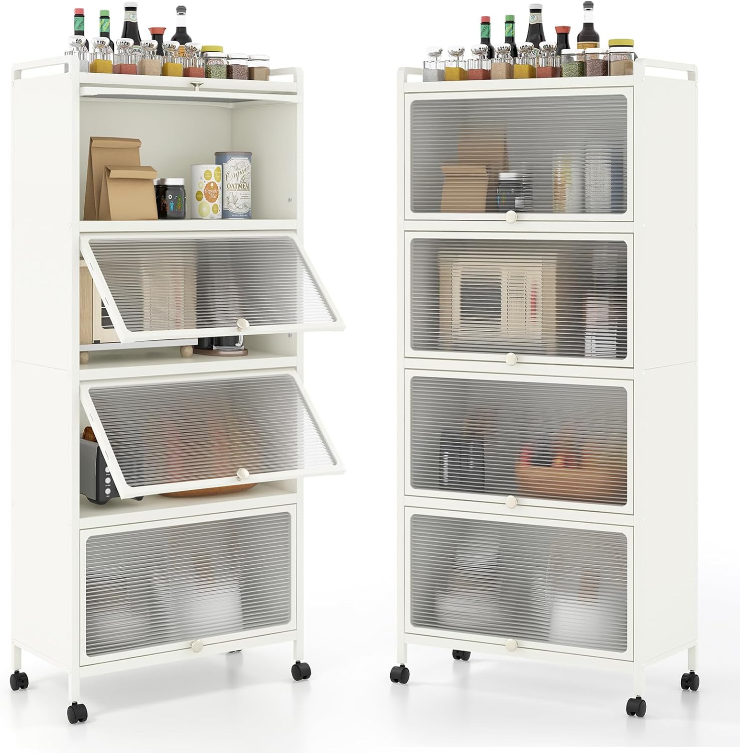 Giantex 5-Tier Kitchen Storage Cabinet, Mobile Microwave Stand with Flip-up PC Doors, Freestanding Kitchen Bakers Rack with 4 Rolling Casters, for Dining Room, Living Room and Study (White)