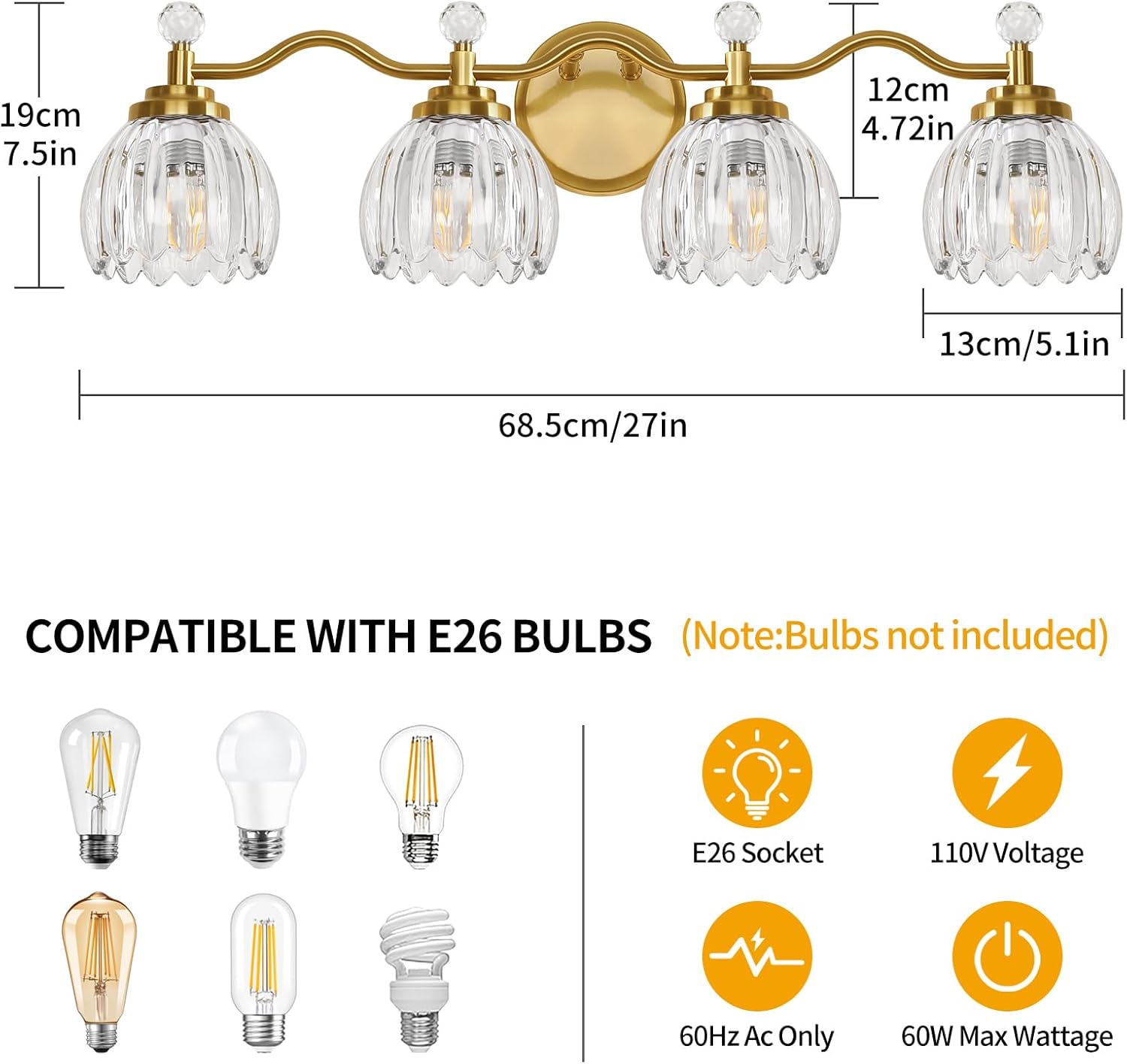 4-Light Bathroom Light Fixtures, Vanity Lights for Bathroom, Wall Lights for Mirror | Clear Glass Shade | Bulbs Not Included | Brushed Gold