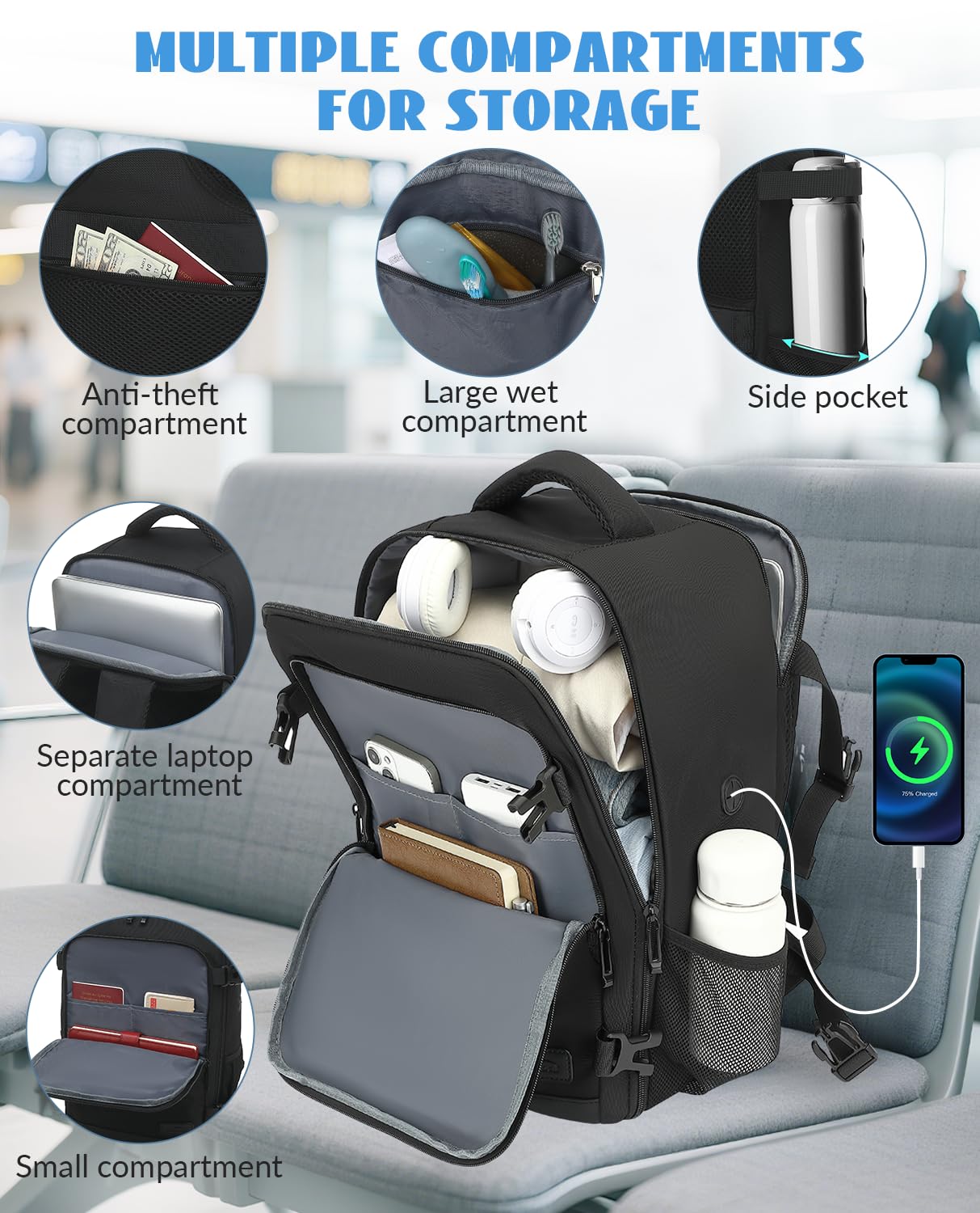 Xkdoai Zaino per Ryanair 40x20x25 Zaino da Viaggio Aereo Bagaglio a Mano 40x20x25 45x36x20 con Borsa Antifurto per Uomini Scuola per 14 pollici Laptop