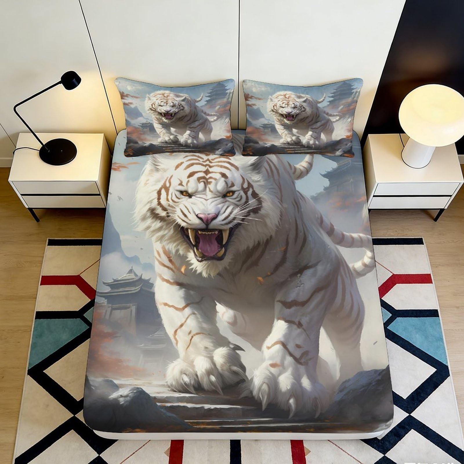 3D Printed White Tiger Fitted Sheet Microfiber Soft Breathable Asian Temple Mattress Cover for Bedroom Dorm Mattress Protection Decor 90x200x25cm