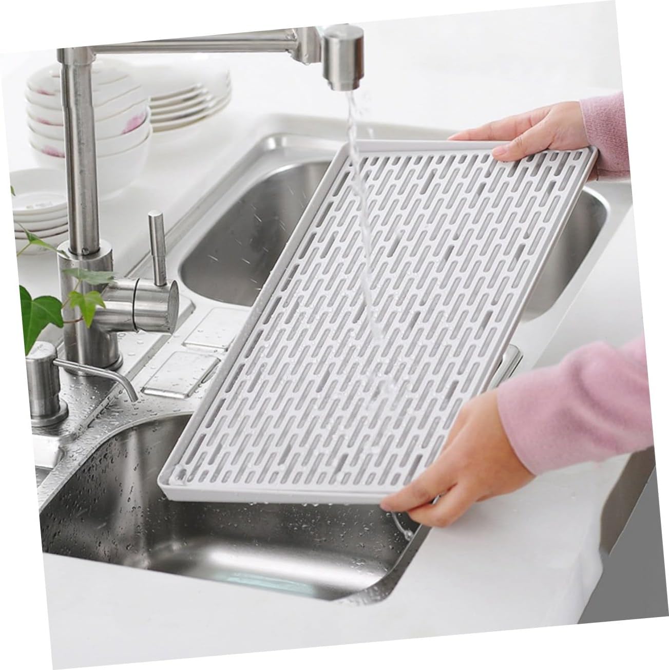 Double Layer Draining Board Multifunctional Plastic Tray with Drain Holes | Easy to Clean, Sink Protection, Silver Finish, Utility Room and Laundry Room Use, Home Kitchen Storage Accessory