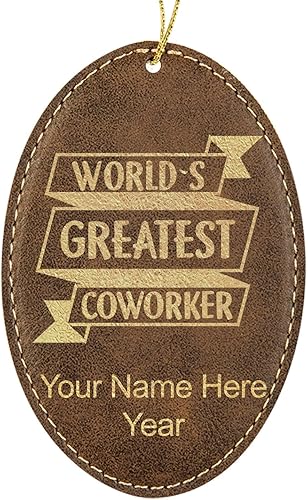 LaserGram Personalized Christmas Ornament, World's Greatest Coworker, Faux Leather, Custom Laser Engraved Gift Idea (Oval Shape, Rustic)