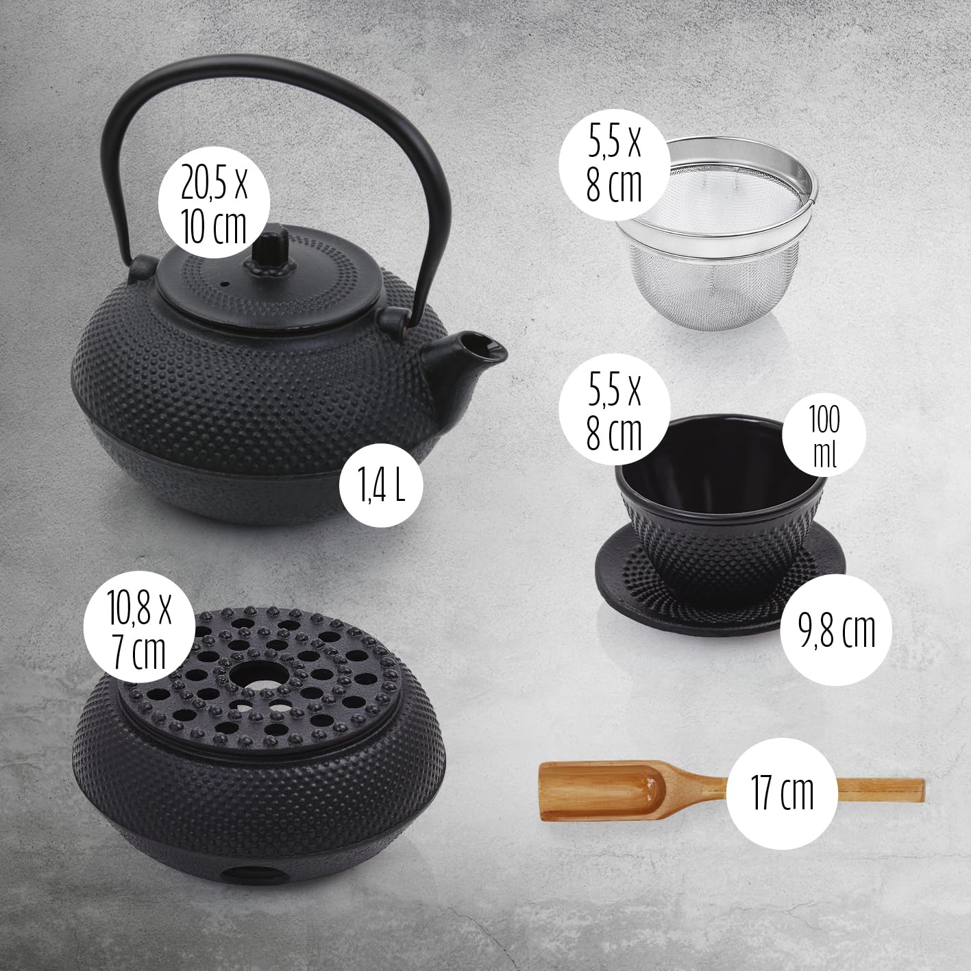 Lumaland Tee Set 12-teilig | 1,4 Liter Gusseiserne Teekanne Tetsubin | Stövchen aus Gusseisen | 4 Teebecher & 4 Untersetzer | Japanisches Teeset Inkl. Bambus Dosierlöffel & Edelstahl Sieb