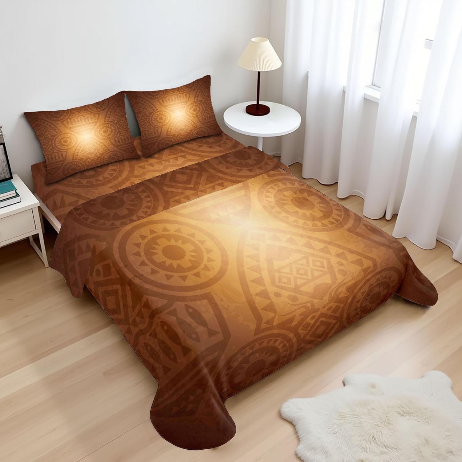 Ambesonne Tan Sheet Set, Art Pattern with Floral and Geometric Elements Fishes Animal Silhouettes, Fitted and Flat Sheet with Pillowcases Bedding Accent 4 Piece Set, Full, Yellow Brown