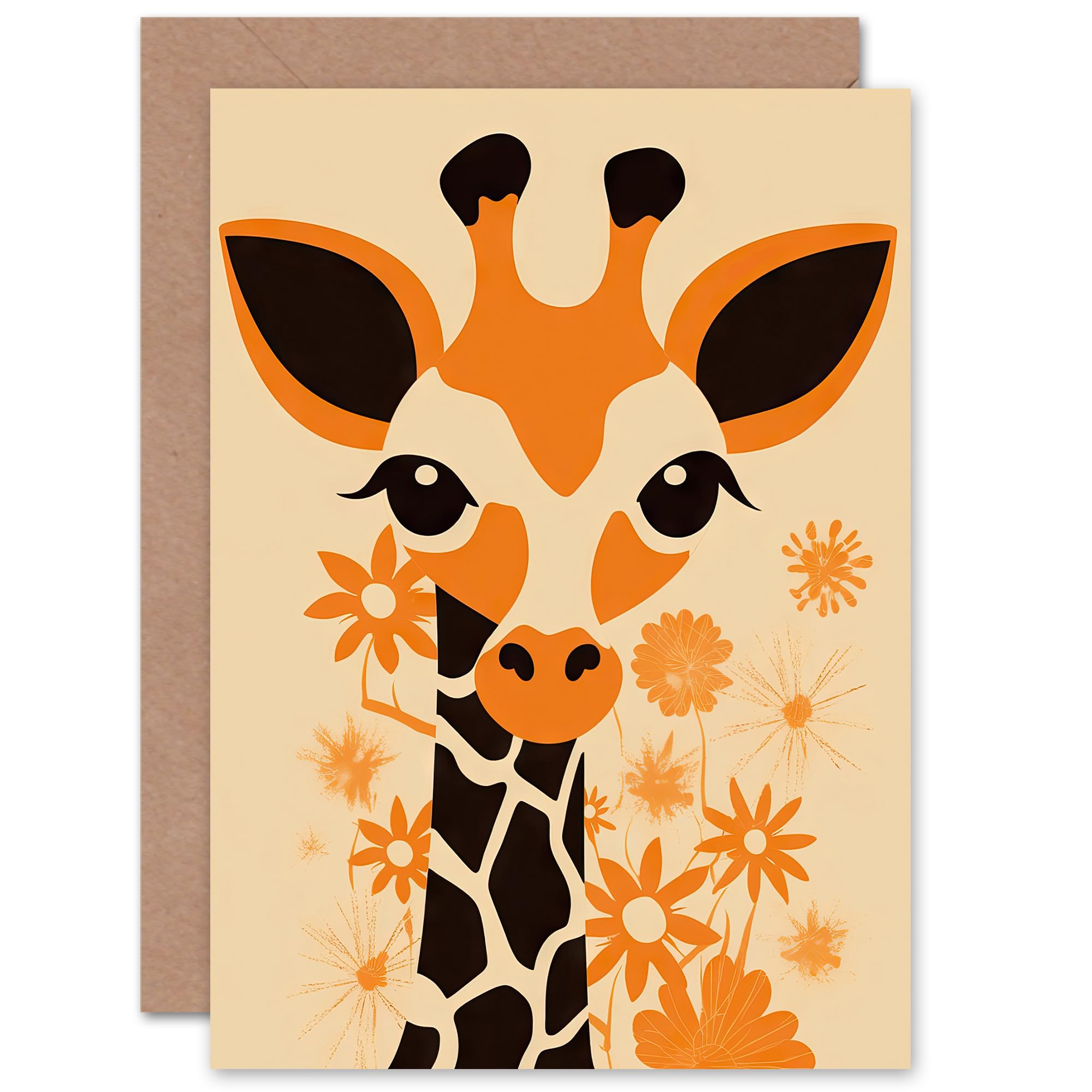 Artery8 Cute Baby Giraffe With Flowers Orange Floral for Child Children Kids Birthday Daughter Son Toddler Baby Blank Art Greeting Card
