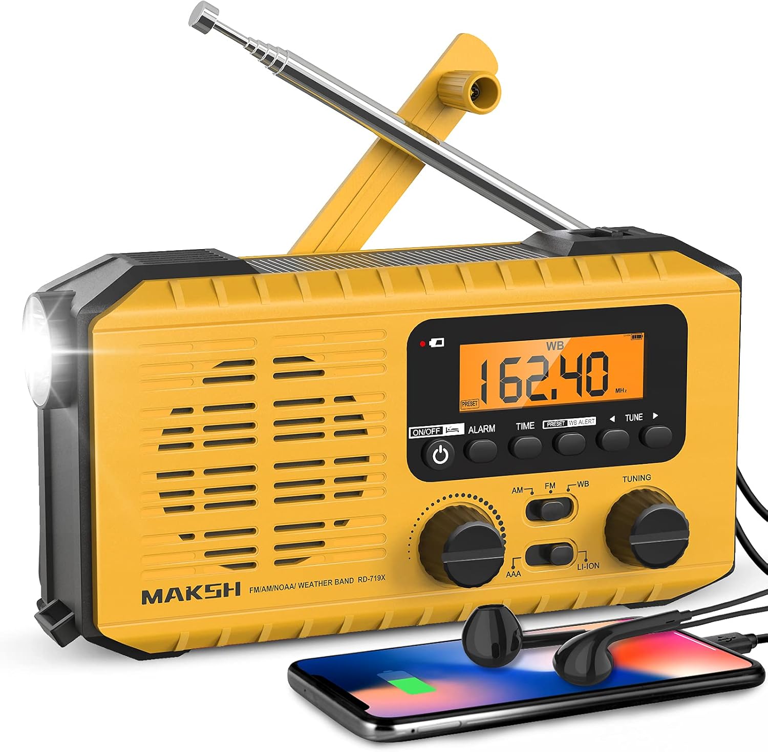 MAKSH Emergency Radio, 5-Way Powered NOAA Solar Hand Crank Weather Radio with LCD Display, Portable Radio with AM/FM/WB, 2200mAh Power Bank Cell Phone Charger, LED Flashlight, SOS Alarm (Yellow) : Everything Else