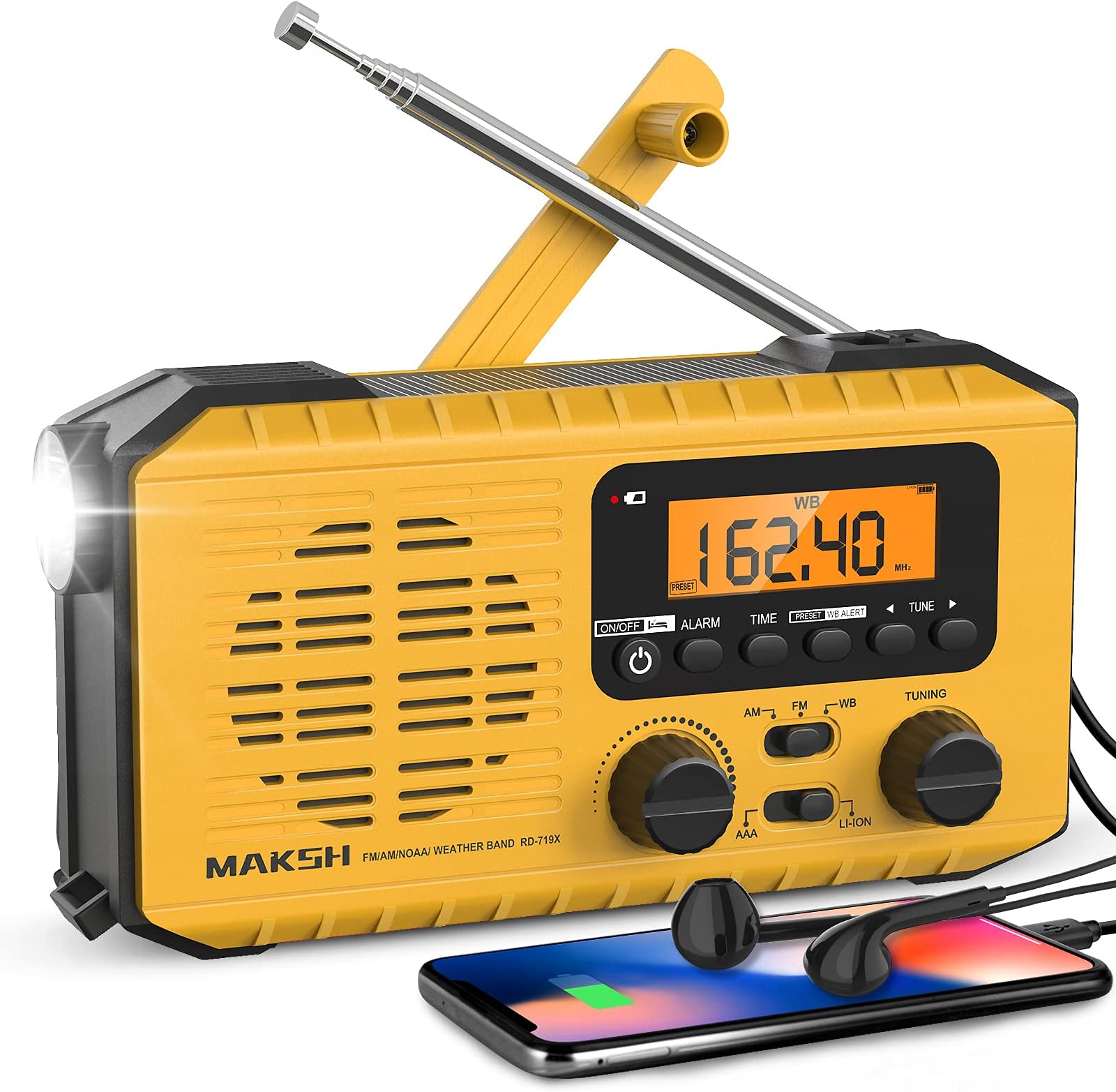 MAKSH Emergency Radio, 5-Way Powered NOAA Solar Hand Crank Weather Radio with LCD Display, Portable Radio with AM/FM/WB, 2200mAh Power Bank Cell Phone Charger, LED Flashlight, SOS Alarm (Yellow)