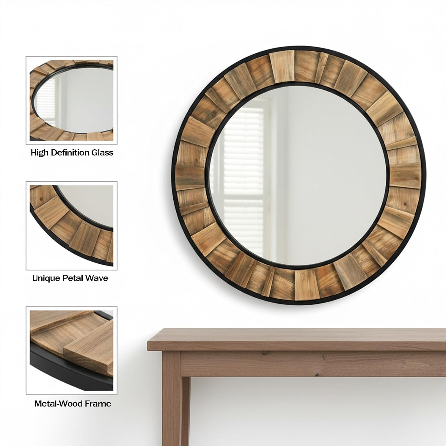 ZIYOO Round Wood Mirror 30", Metal & Wooden Frame Decorative Wall Mirror for Bathroom Vanity, Bedroom Living Room Entryway (Wood and Metal,30")