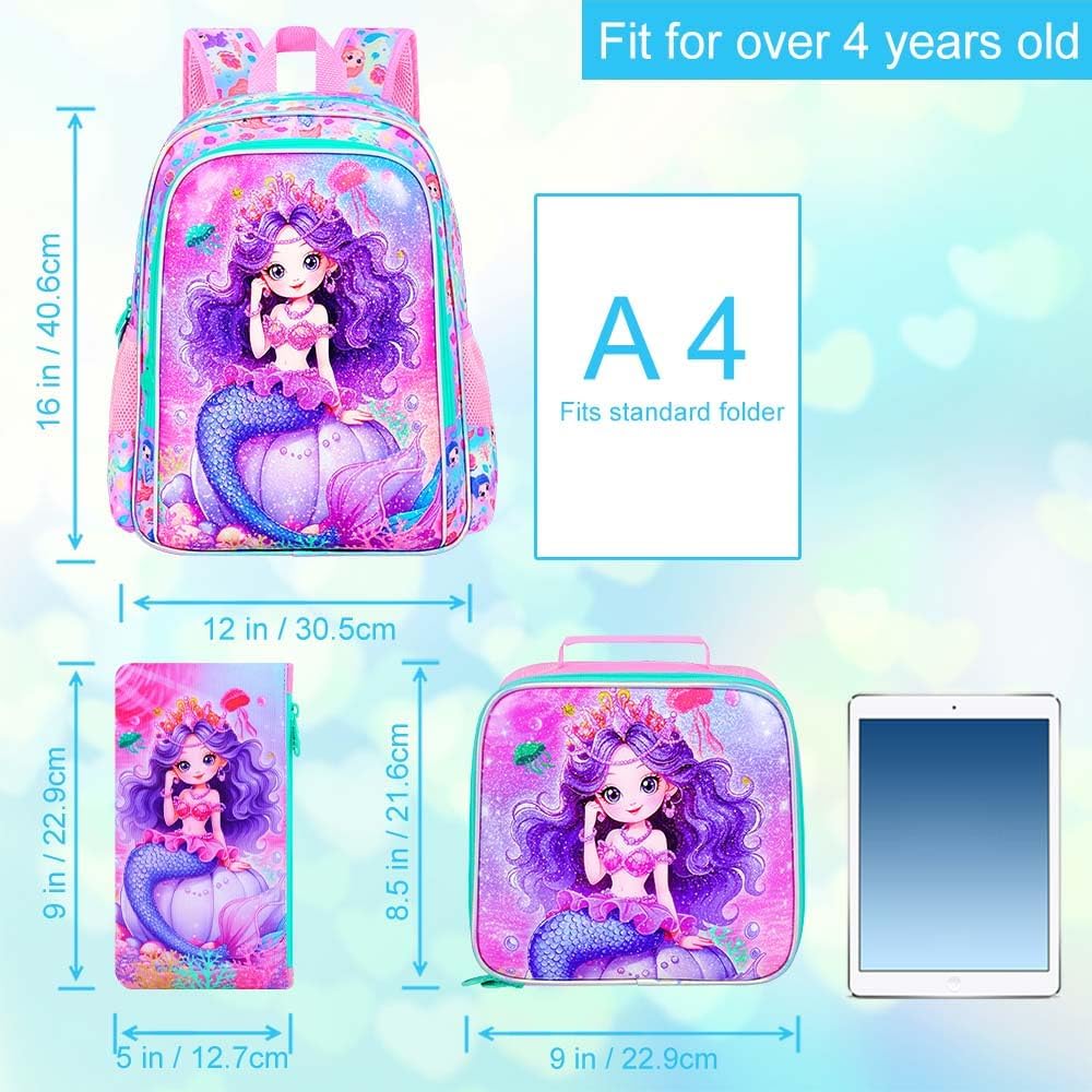 3Pcs Mermaid Backpack for Girls, 16" Kids Bookbag with Lunch Box, School Backpacks Set for Elementary Preschool Kindergarten(Pink) - Image 4