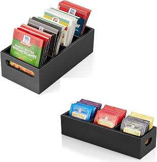 DRASTAR Tea Bag Organizer, Black Wooden Tea Bag Holder&Seasoning Packet Organizer with Removable Dividers