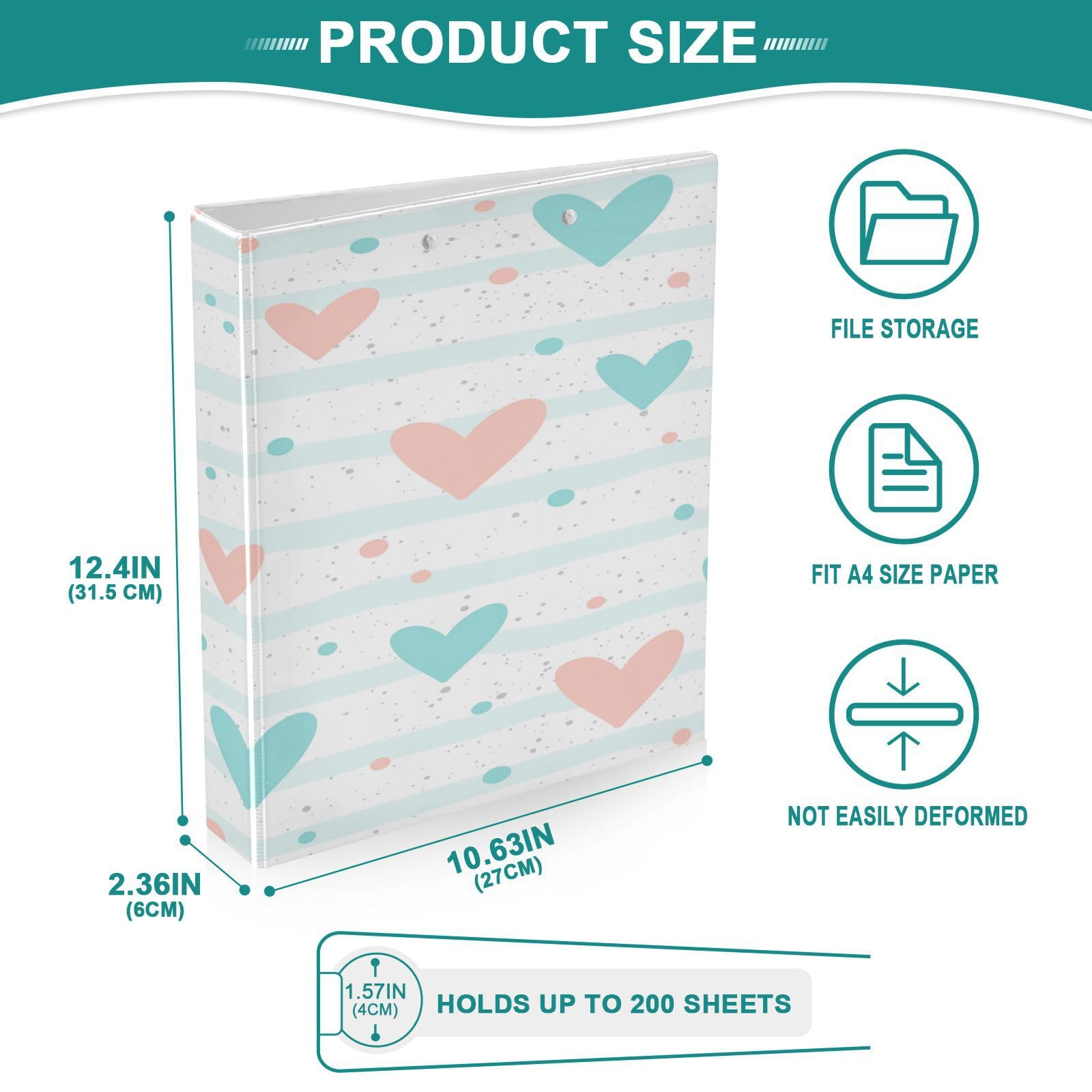 SKYSHU Love Heart - Raccoglitori ad anelli rotondi con 3 tasche interne in PVC trasparente, impermeabili, robusti, 3,8 cm, con clip in metallo antiscivolo, raccoglitori versatili per 200 fogli,