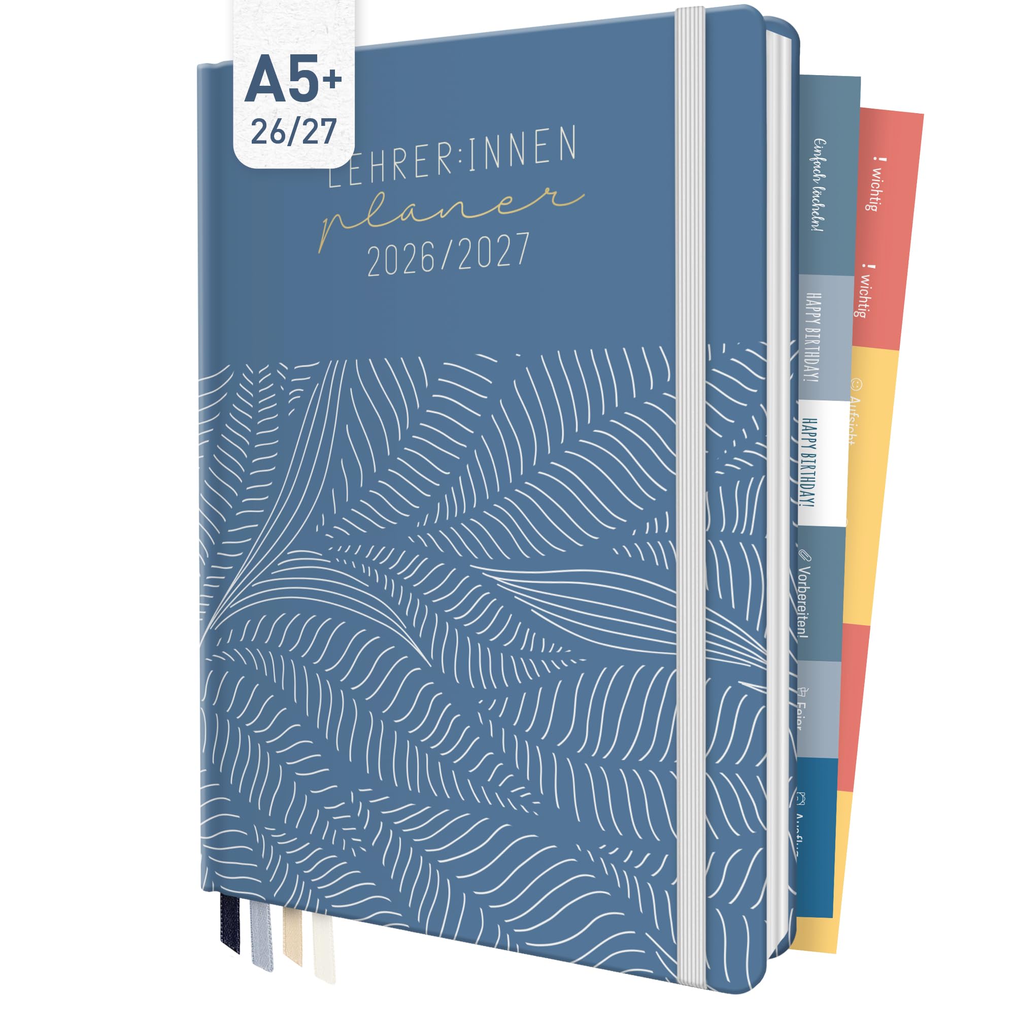 Häfft® Lehrer-Planer 2026/2027 im A5+ Format "Fine Leaves Blue" – Lehrerkalender & Schulplaner mit Hardcover, 4 Lesebändchen, Stickern & Notenlisten