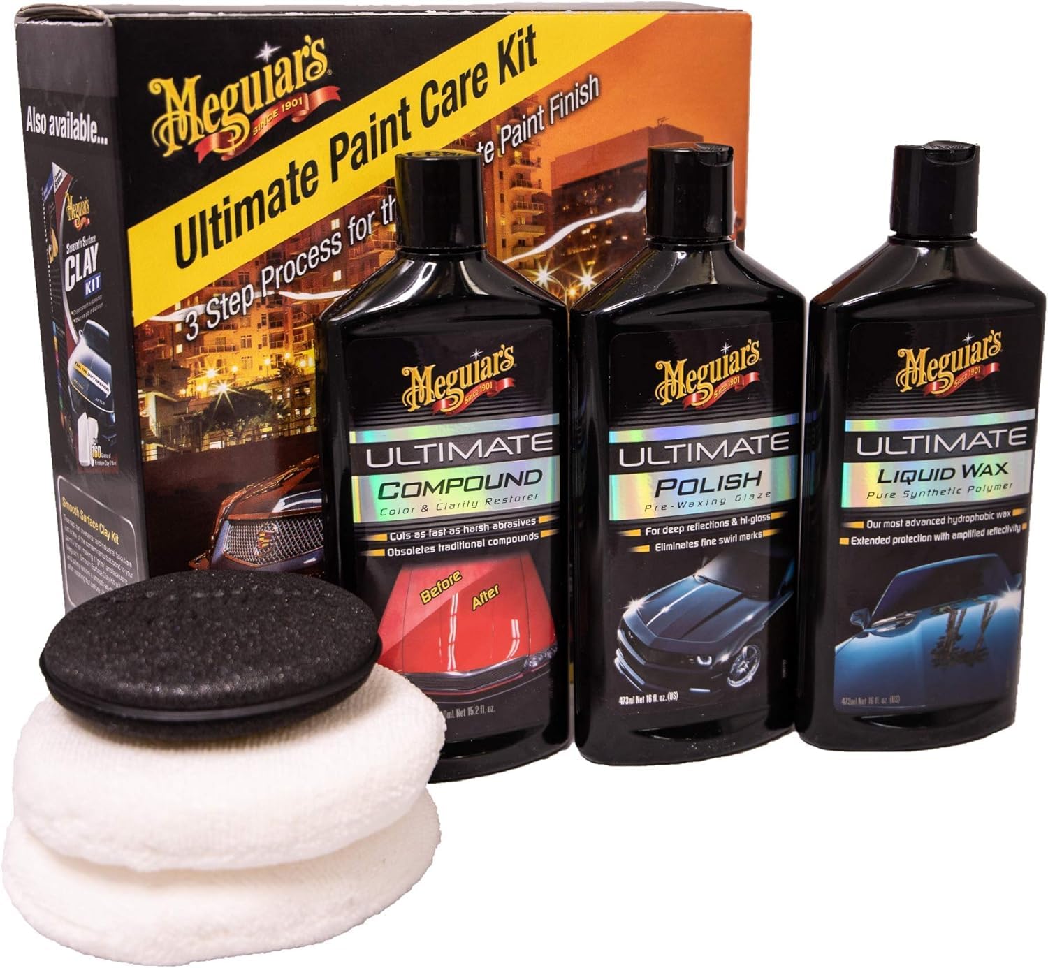 Meguiar's ULTPCKITEU Ultimate Lackpflege-Kit: 3-Schritte-System für ein perfektes Lackfinish. Politurpaste, Autopolitur & Autowachs – Inklusive Supreme Shine Mikrofasertücher zur Autopflege (3er-Pack)