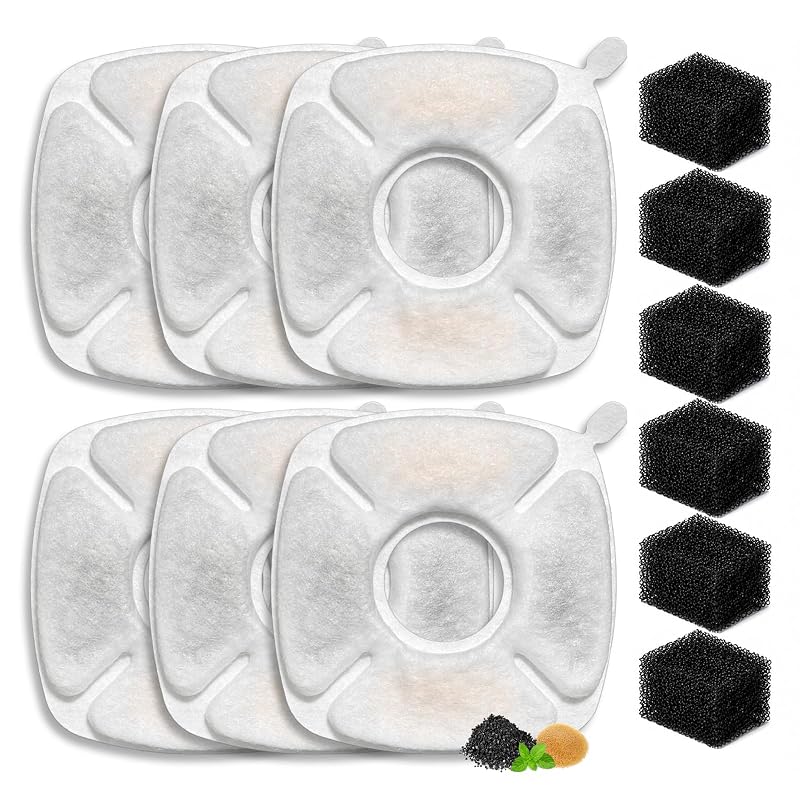 Filtro de Reposição para Fonte de Água de Gatos YIOLHAJK com Tripla Filtragem para 2 L, 2,8 L e 4 L, Pacote com 6 Filtros e 6 Esponjas
