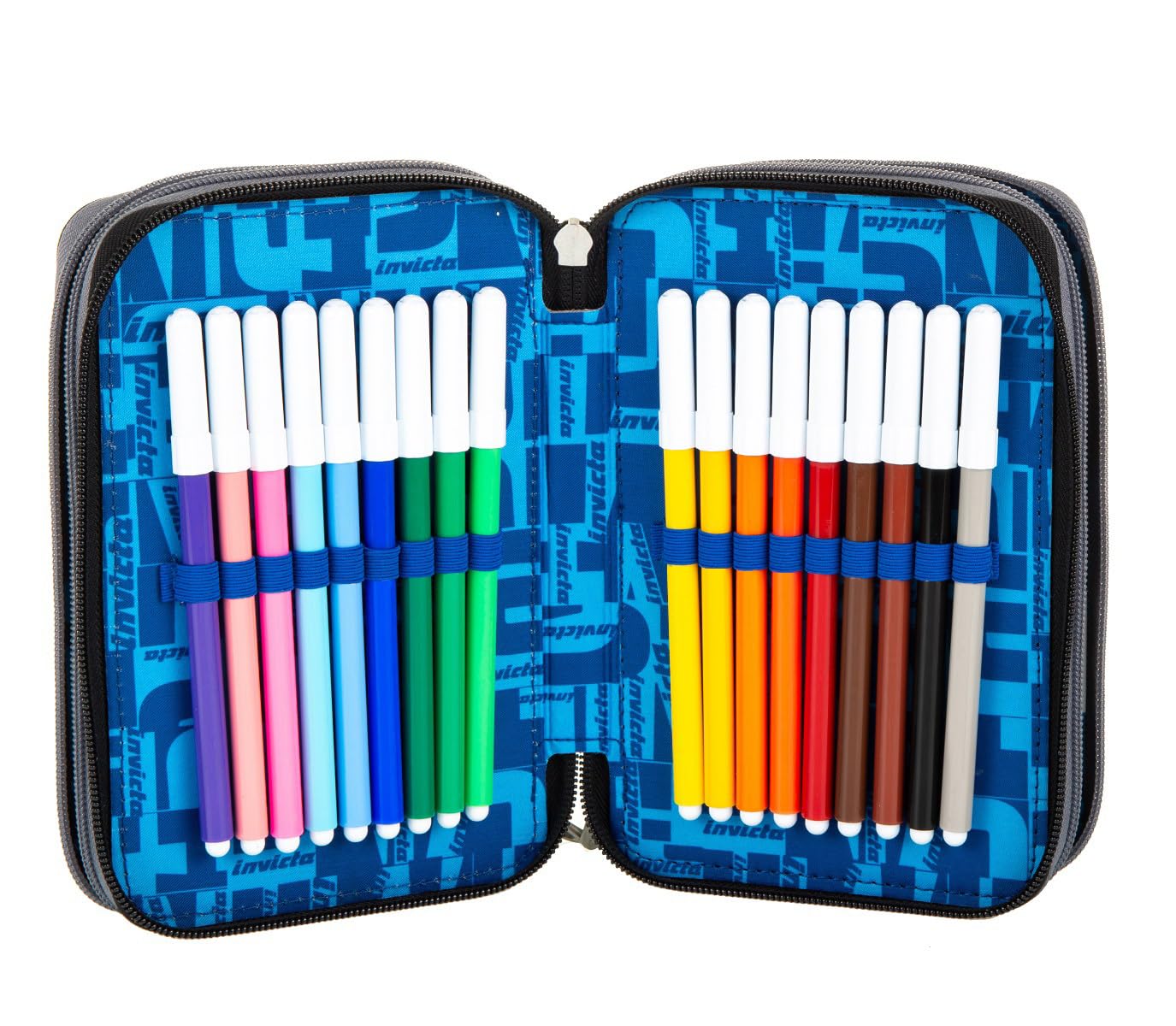 Invicta Astuccio Scuola 3 Zip, Blu, Kupang, Triplo Scomparto Completo di Penne, Matite e Pennarelli, Accessori Scuola, Accessori Zaino, Scuola Elementare, Bambino