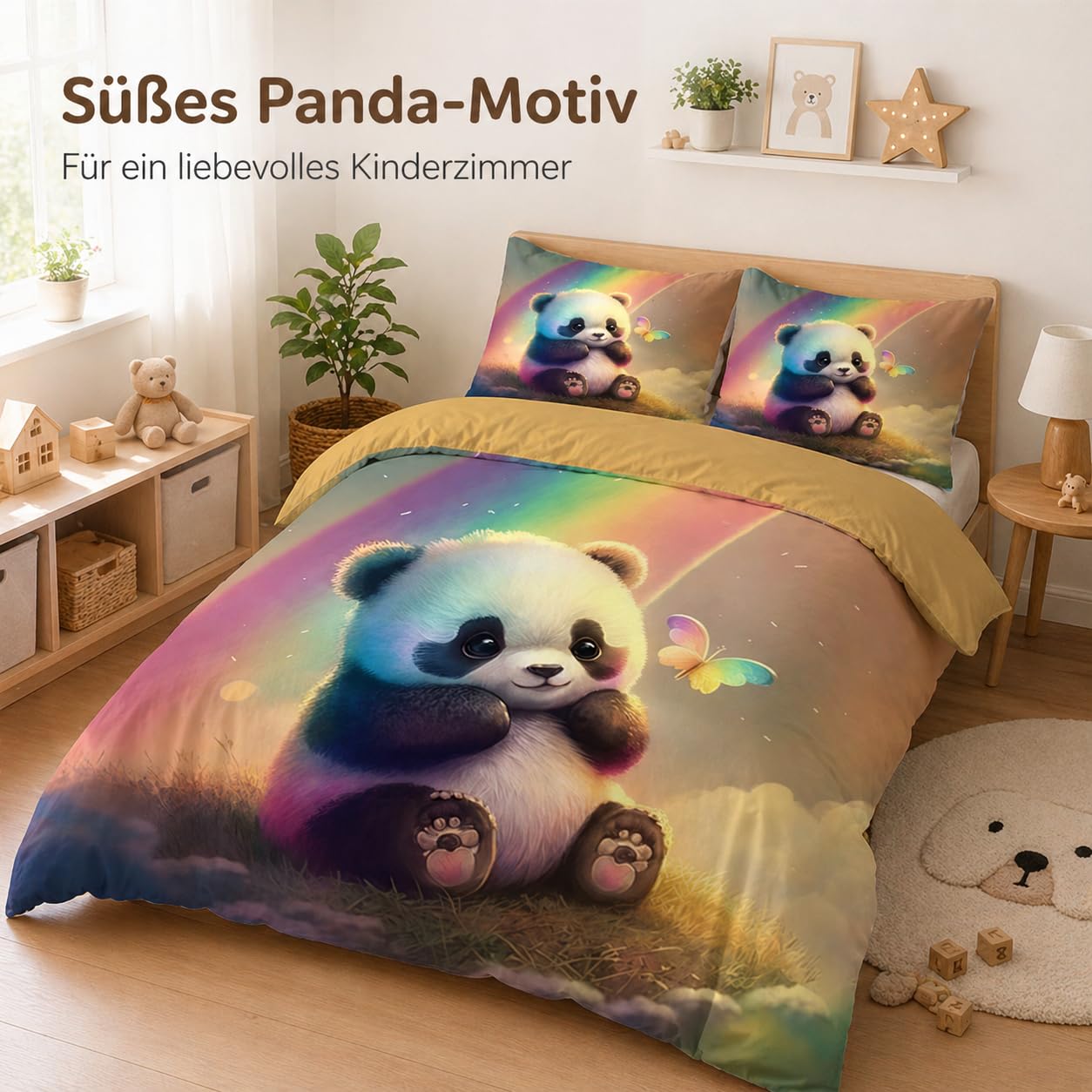 Kinder Bettwäsche-Set mit Panda-Motiv, 220x240 cm, Kissenbezug 80x80 cm, Mikrofaser