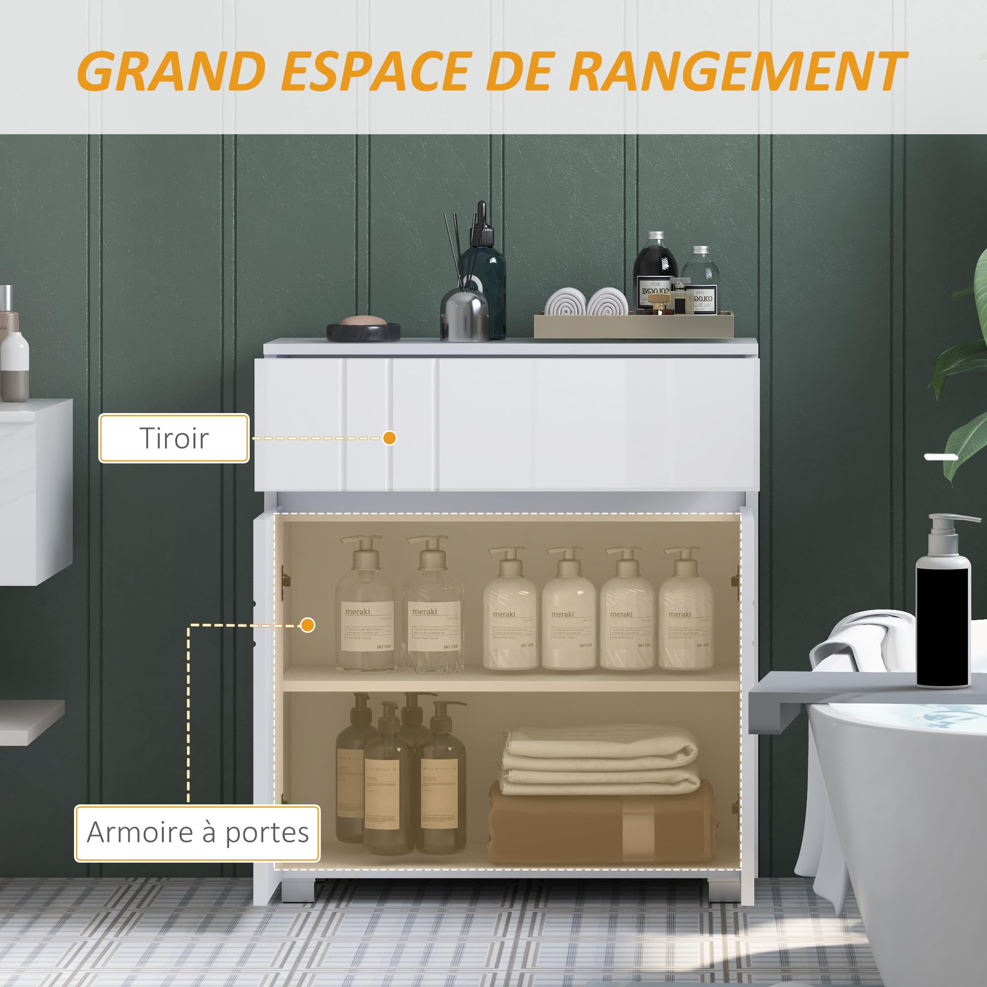 kleankin Meuble de Salle de Bain, 1 Tiroir, 2 Portes, 60 x 30 x 80 cm Blanc | Meuble de Rangement Sur Pied, Placard, Étagère Réglable, Finition Laquée