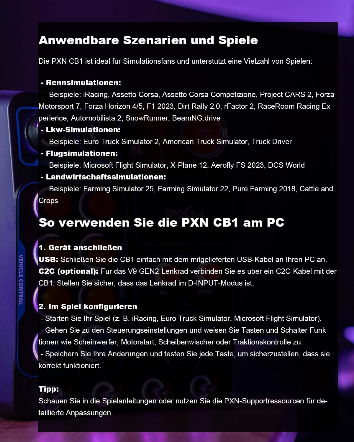 PXN CB1 Button Box – PC Seitenkonsole, 19 Tasten & Schalter, RGB-Beleuchtung, Seiten-Steuerbox für Sim-Racing-, Lkw-, LS- und Flug-Spiele, Zubehör für Lenkrad und Joystick, nur für PC | 19 Sim-Tasten & Schalter, RGB-Beleuchtung, einstellbare Klemme, für R
