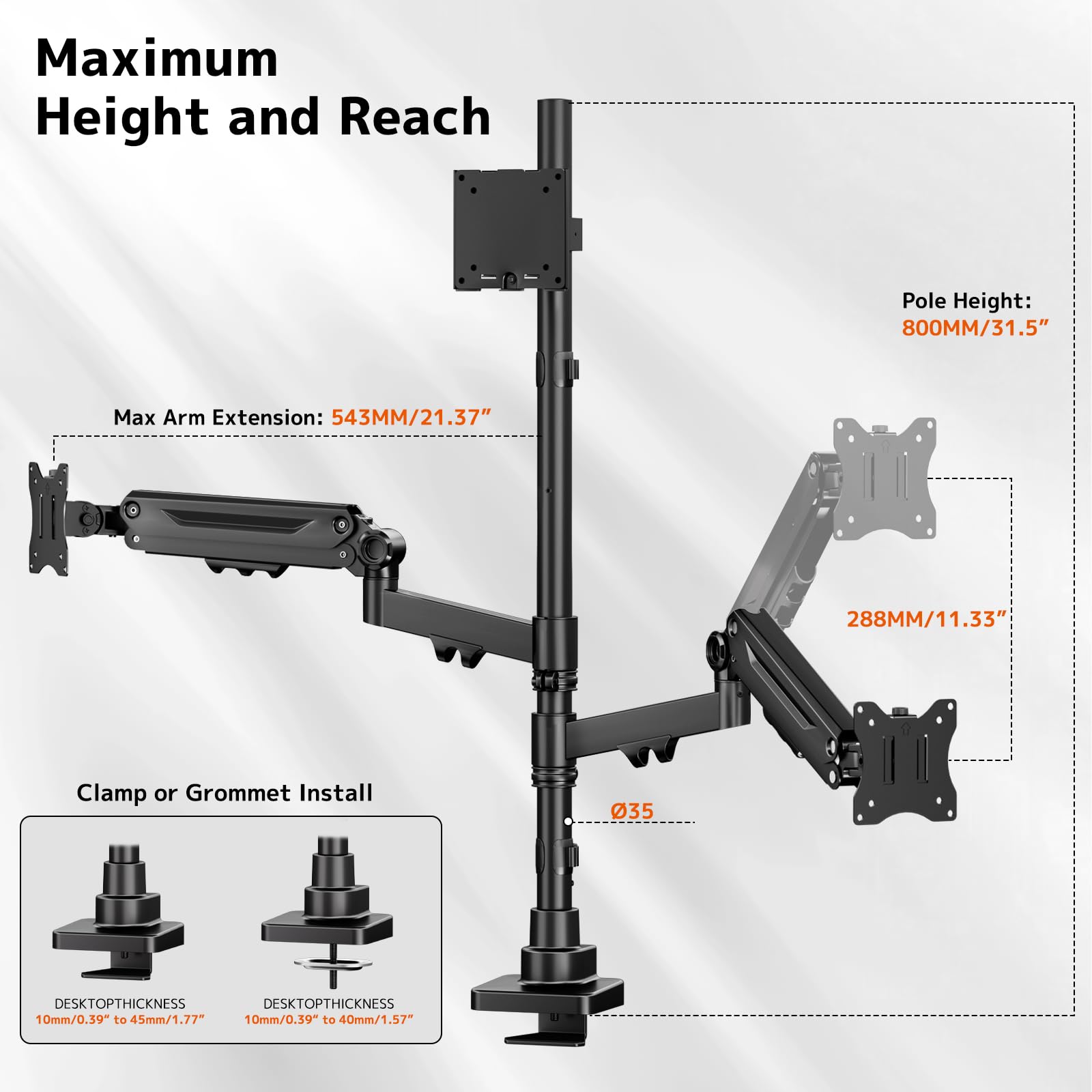 Monitor Halterung 3 Monitore Schreibtisch-1 Fester 49" und 2 Gasfeder 35",bildschirmhalterung 3 monitore Höhenverstellbar,80cm Stange Monitor Tischhalterung bis 20 kg