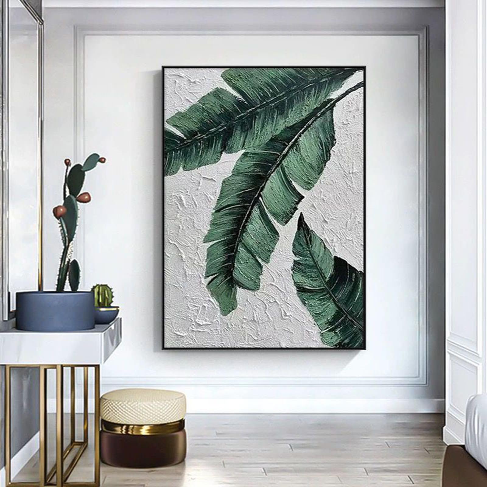Tableau à l'huile fait main plantes vertes art moderne sur toile avec cadre