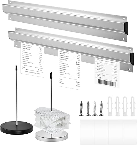 Akamino Estante de aluminio plateado para cheques y 2 soportes de recibos de escritorio de acero inoxidable, 16 pulgadas, riel de exhibición de